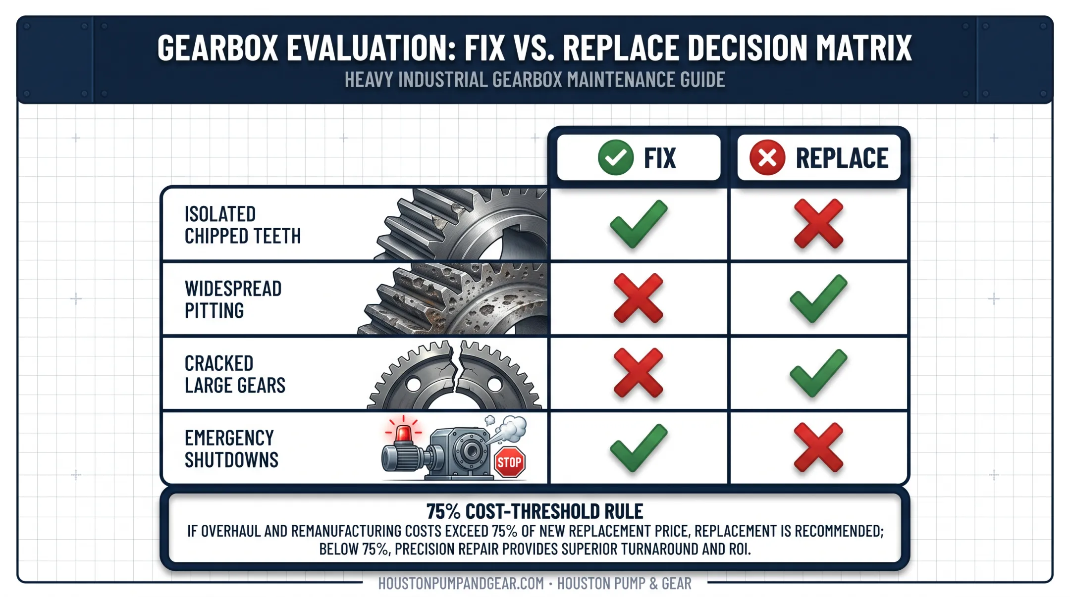 Fix versus replace gear decision guide across four damage scenarios