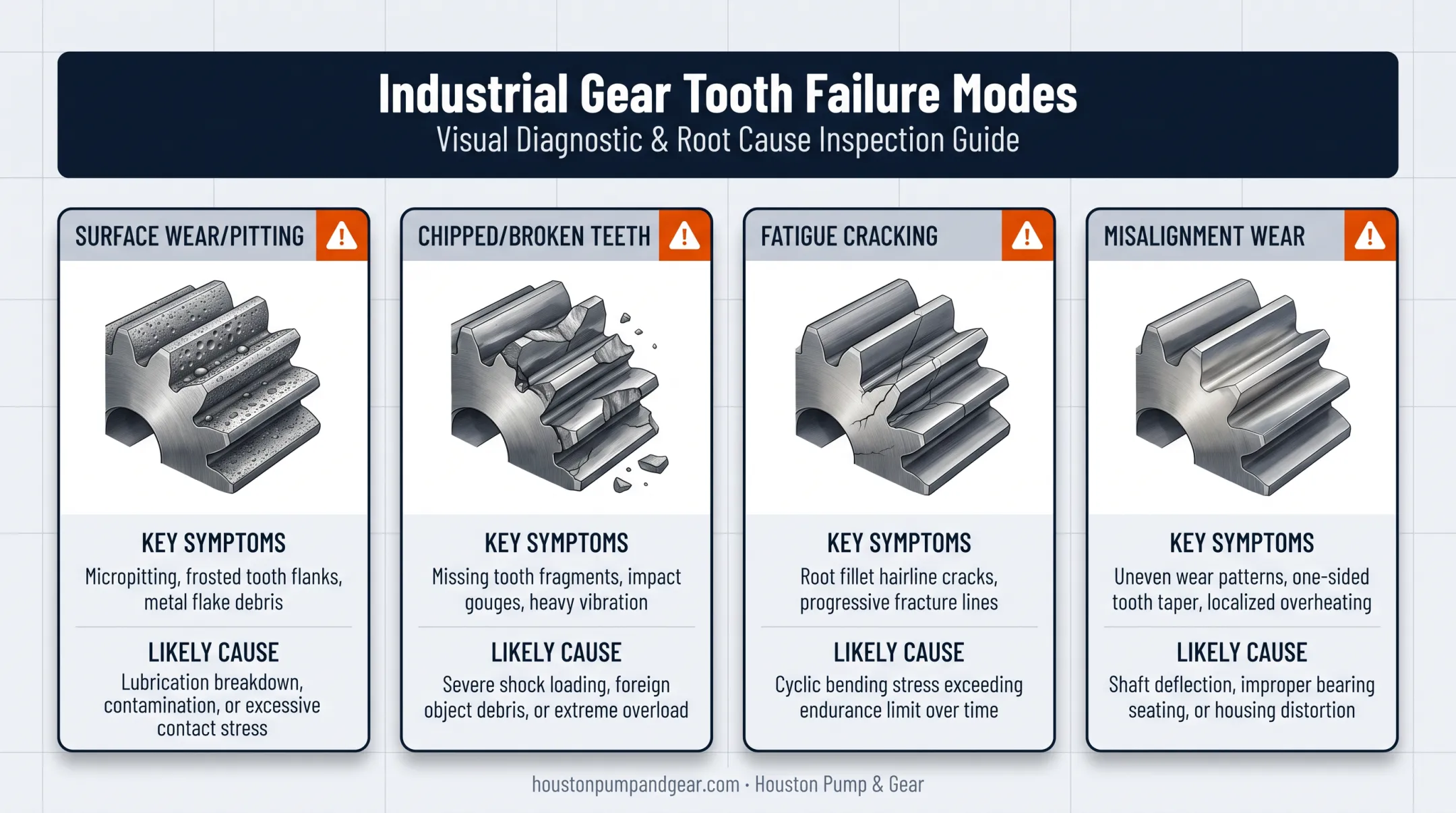 Comparison chart of four common gear tooth failure modes and causes