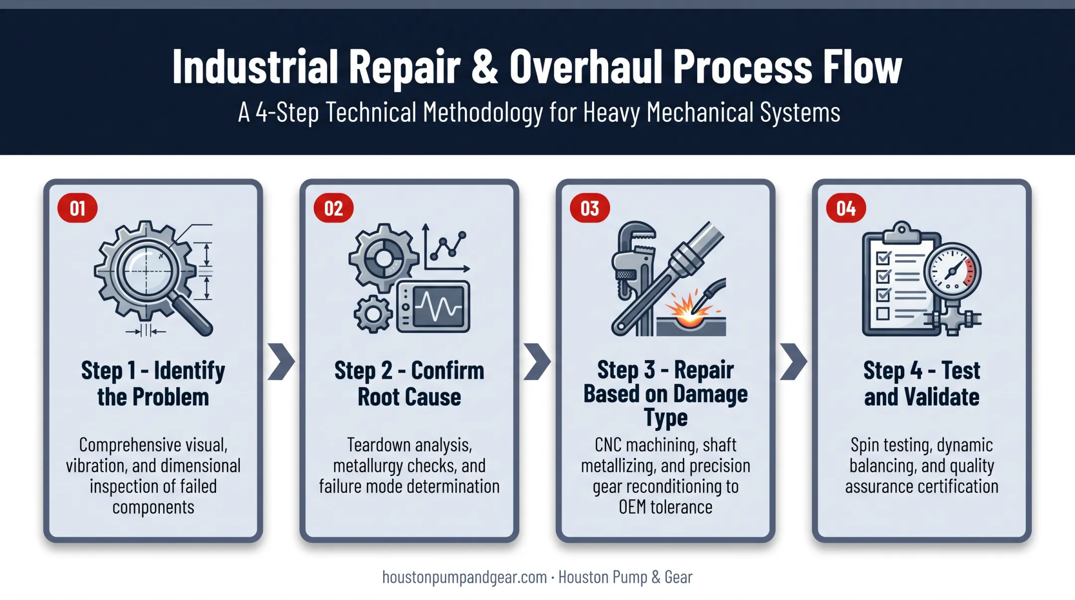 Four-step pump casing repair process from diagnosis to validation testing