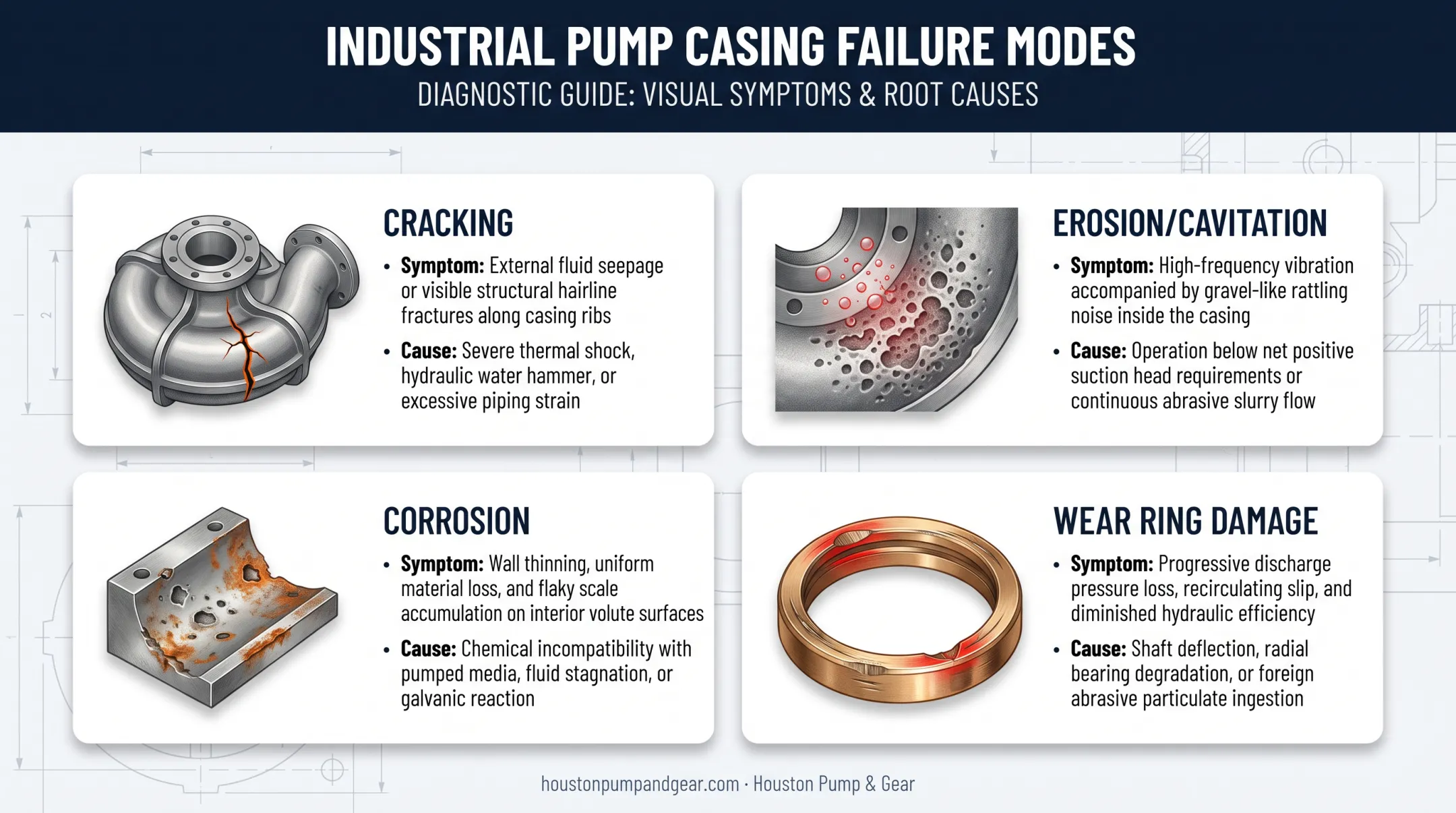 Four common pump casing failure types with symptoms and causes chart