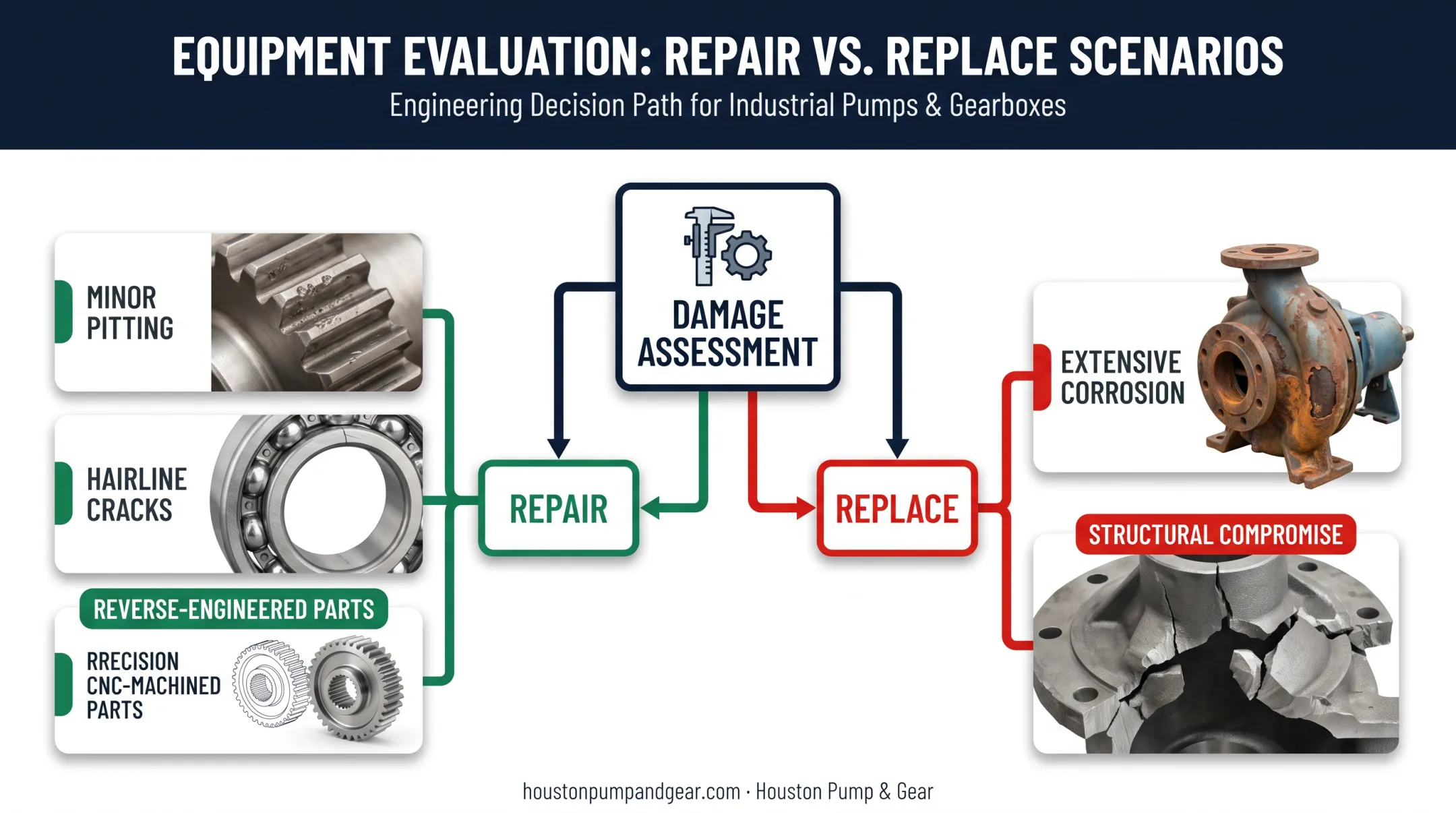 Pump casing repair versus replacement decision factors comparison chart