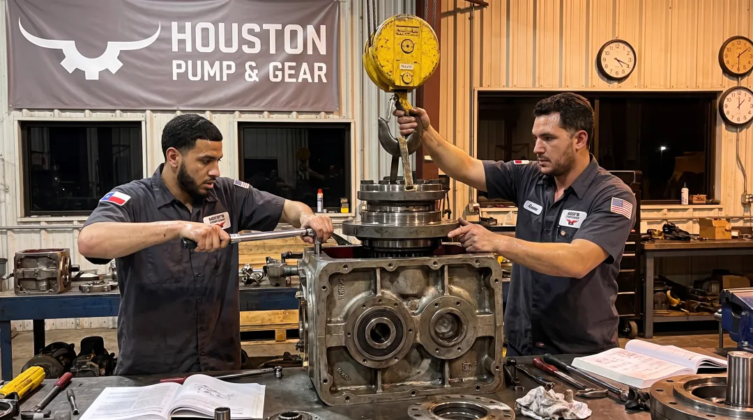 Emergency repair technicians servicing industrial gearbox at repair facility