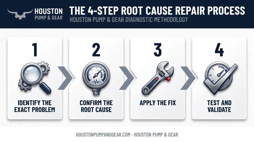 Four-step shaft seal repair process from diagnosis to validation testing