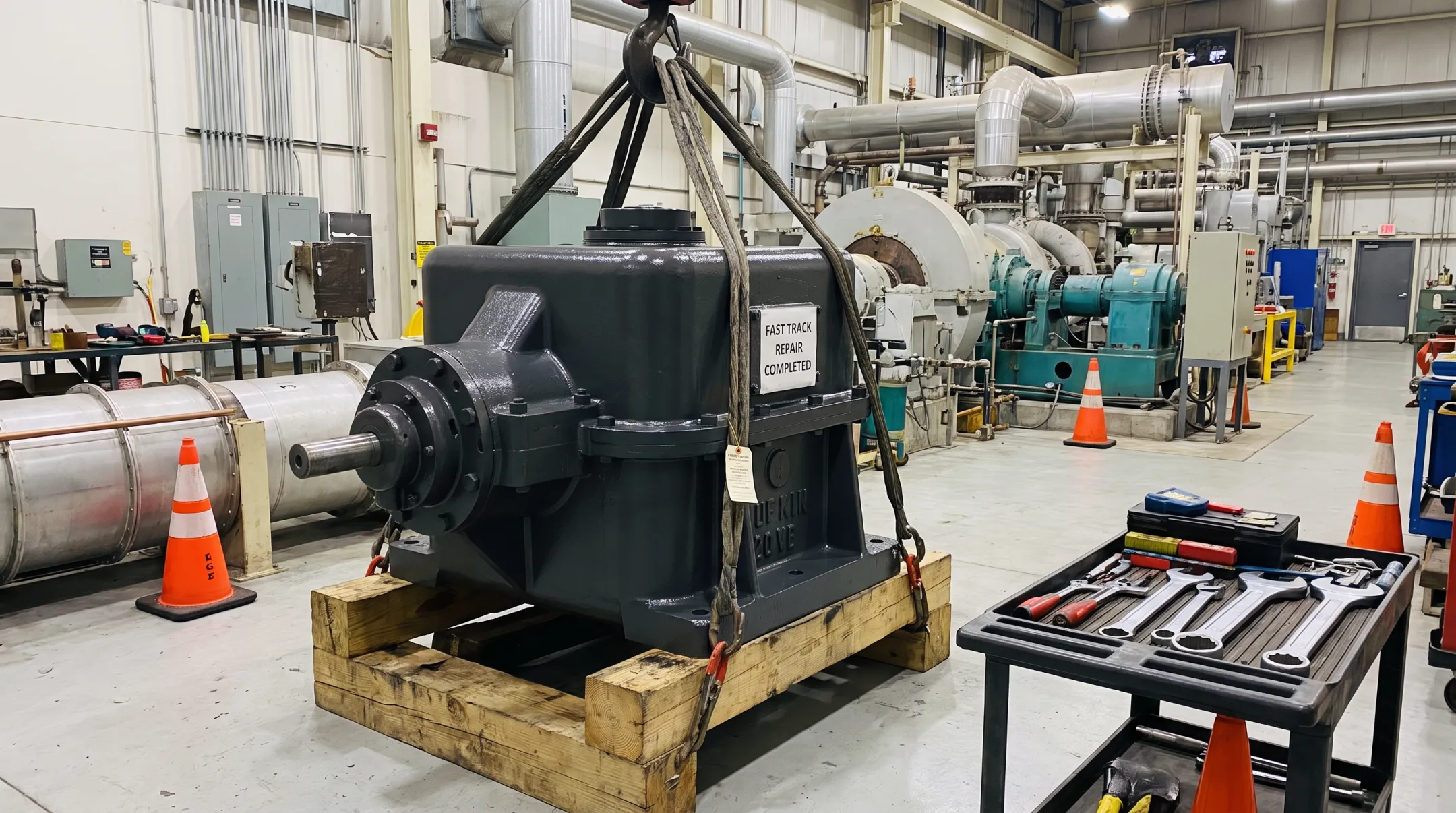 Repaired industrial gearbox ready for reinstallation at power plant facility