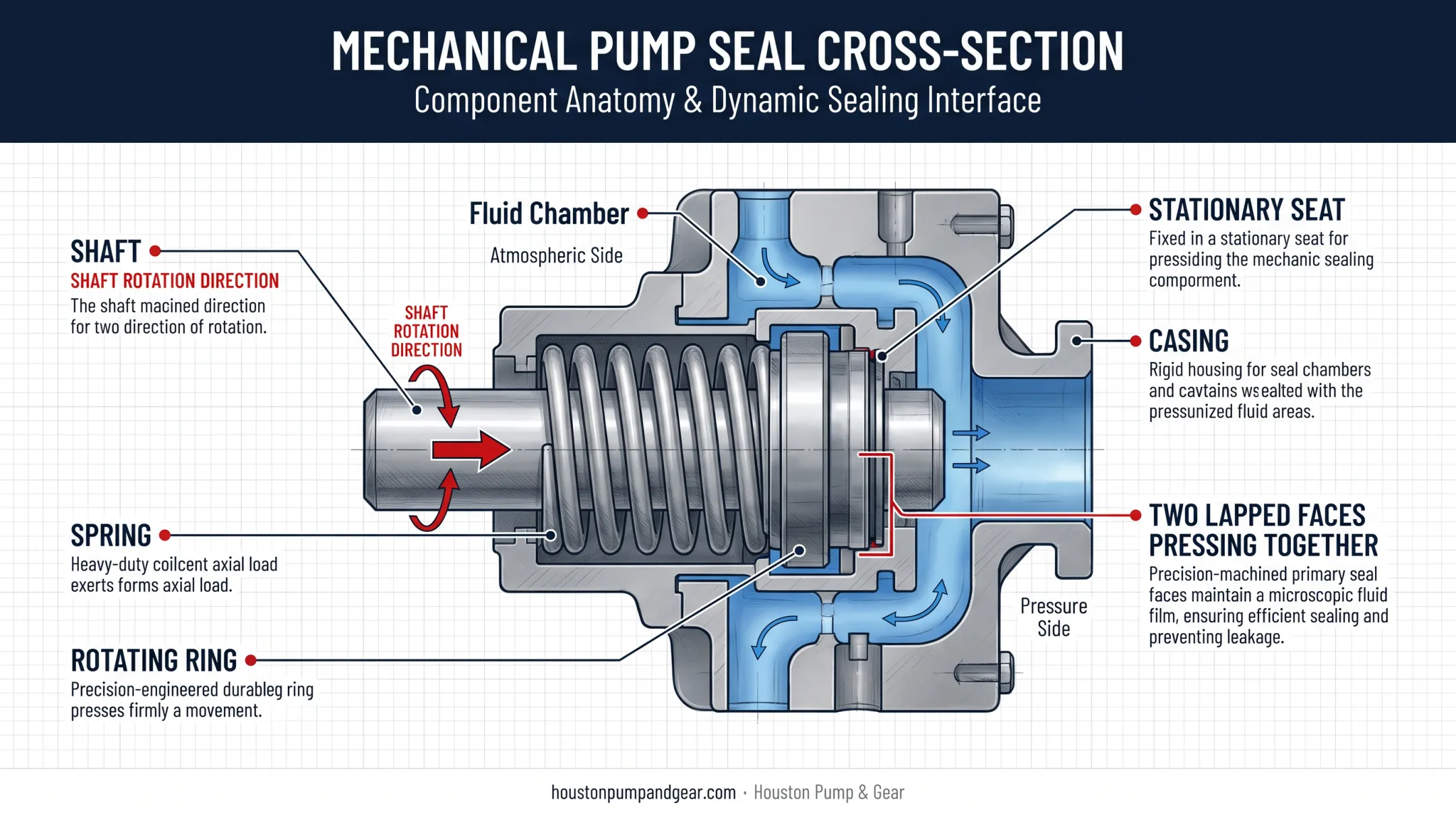 Mechanical pump seal cross-section showing rotating ring and stationary seat