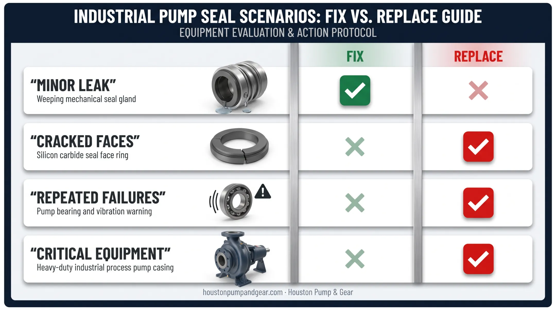 Fix versus replace pump seal decision comparison across four scenarios