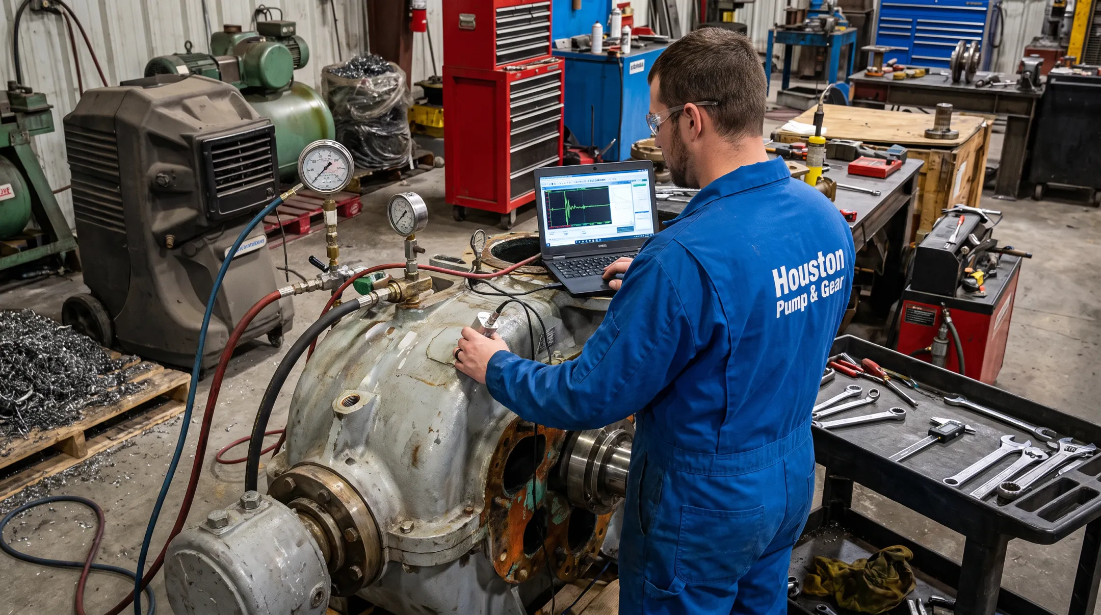 Technician performing full-load testing on large industrial Lufkin gearbox