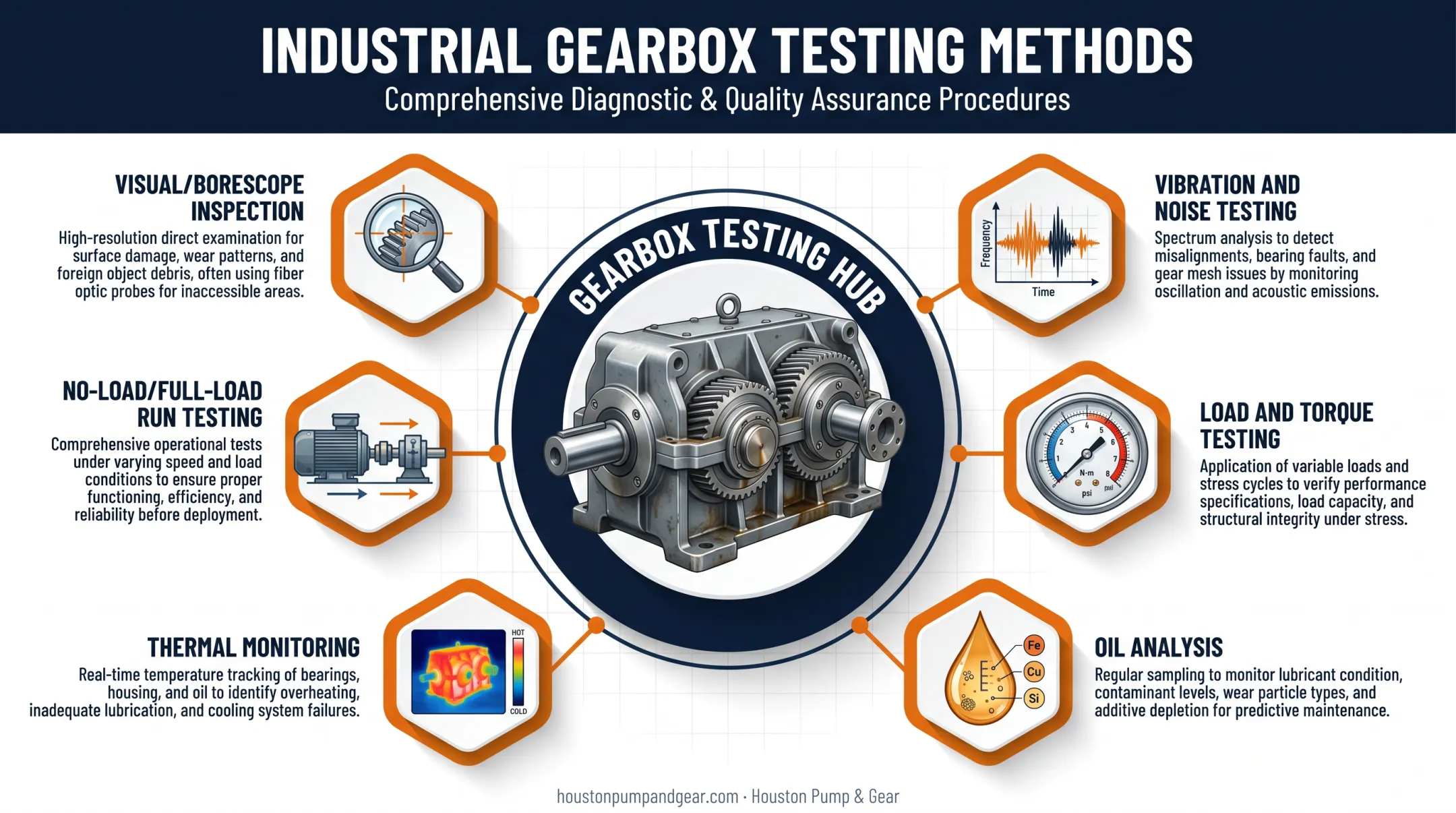 Gearbox testing methods layered diagram covering vibration oil thermal inspection