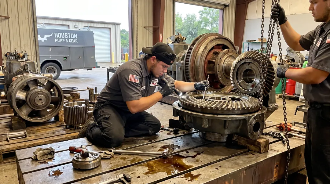 Emergency industrial gearbox repair technician servicing power plant equipment