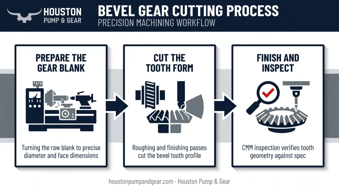 3-step bevel gear cutting process from blank preparation to inspection
