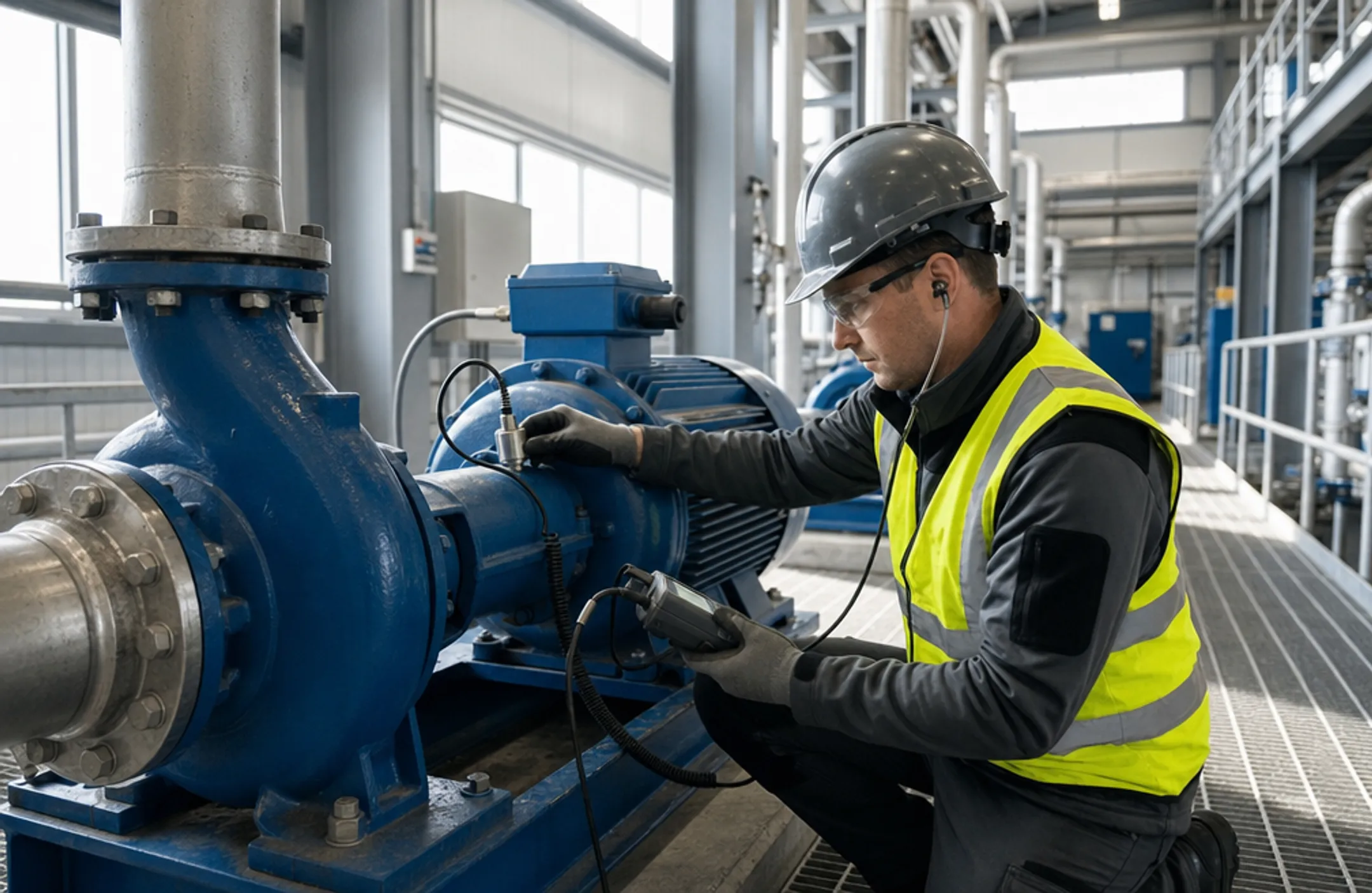 Industrial maintenance technician inspecting pump bearings and vibration levels