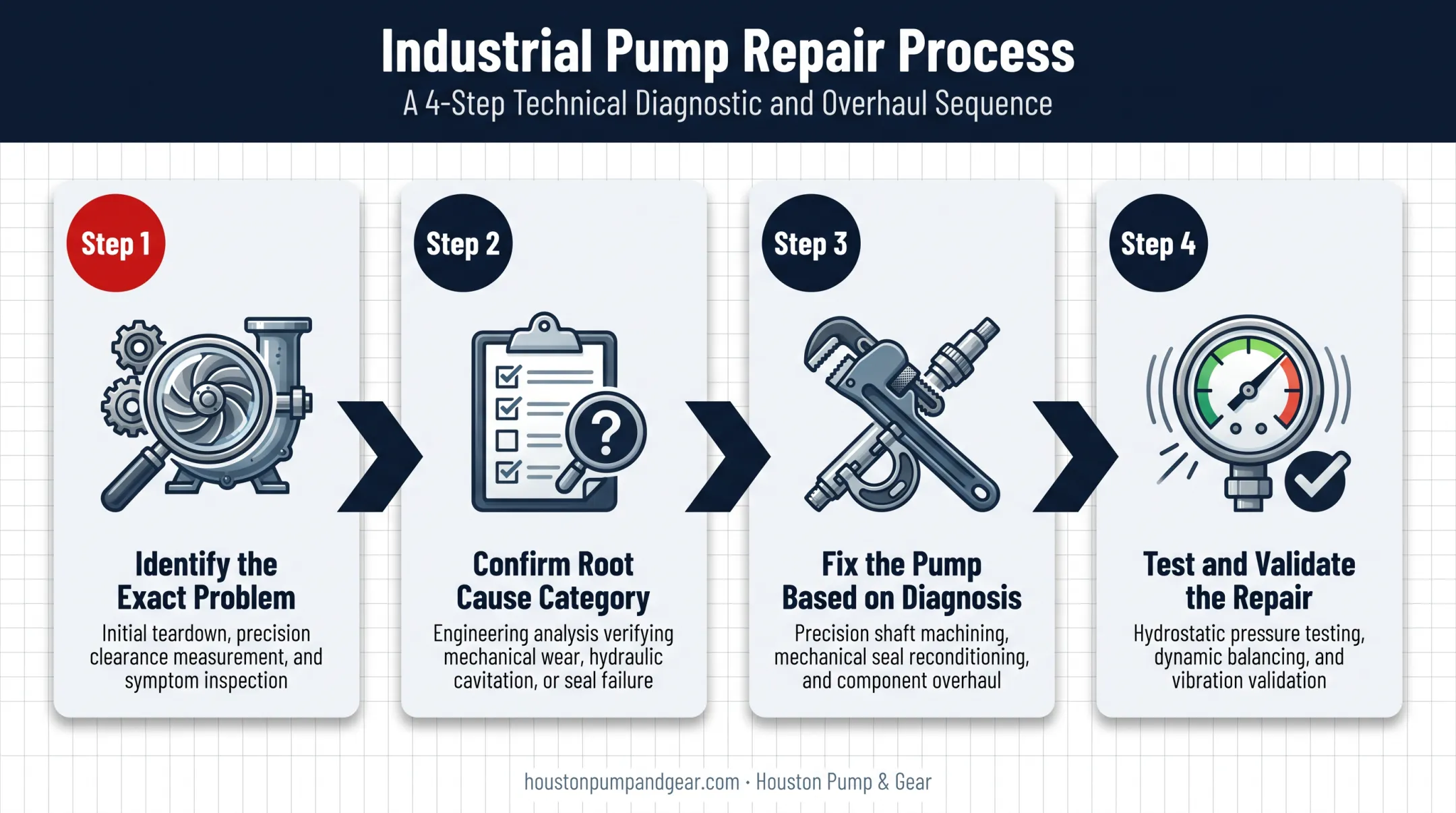 4-step centrifugal pump repair process from diagnosis to validation testing
