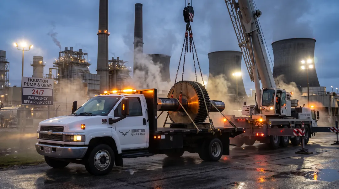 Houston Pump and Gear service truck dispatched for emergency gearbox pickup
