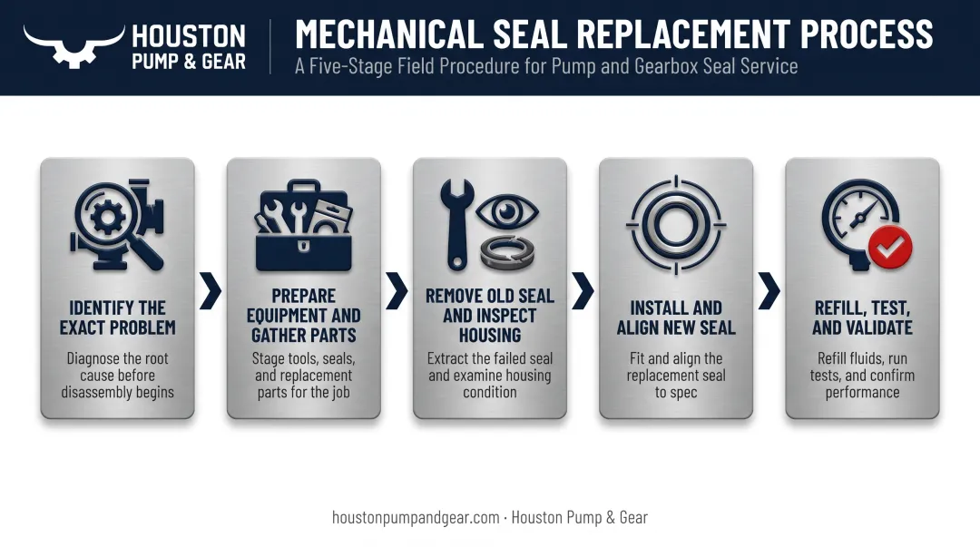 5-step oil seal replacement process from diagnosis to final testing