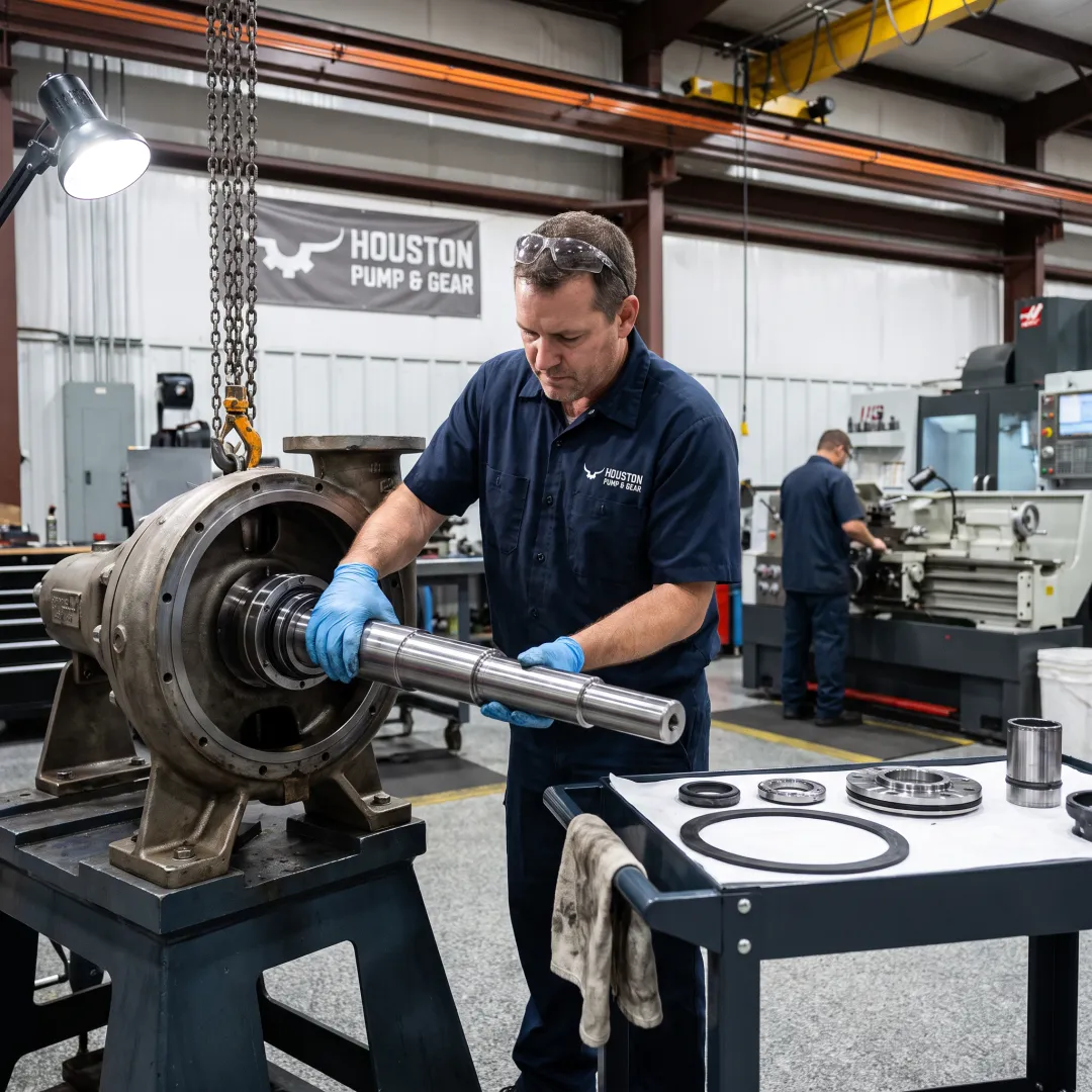 Industrial pump being rebuilt in a machine shop