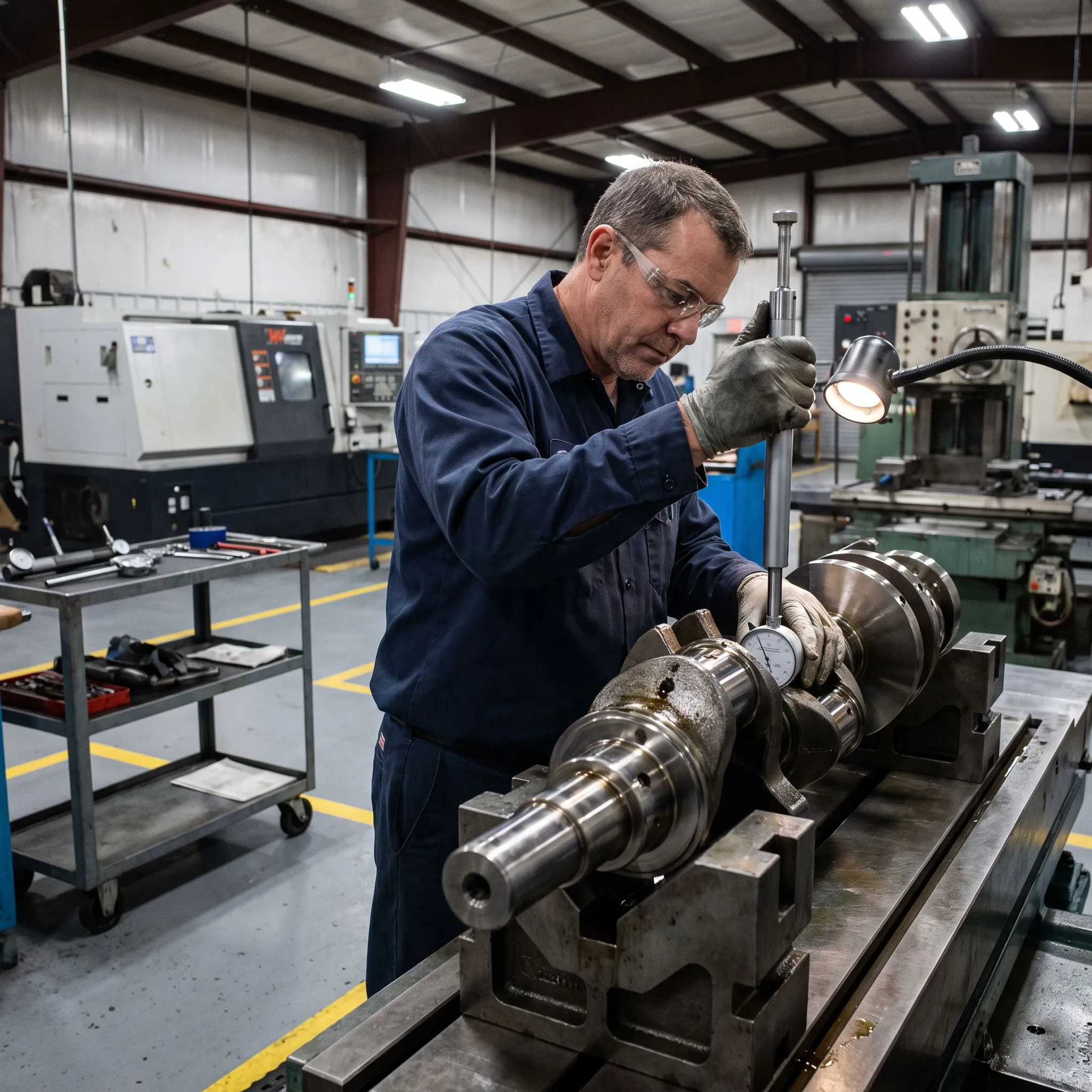 Industrial crankshaft undergoing precision measurement and repair