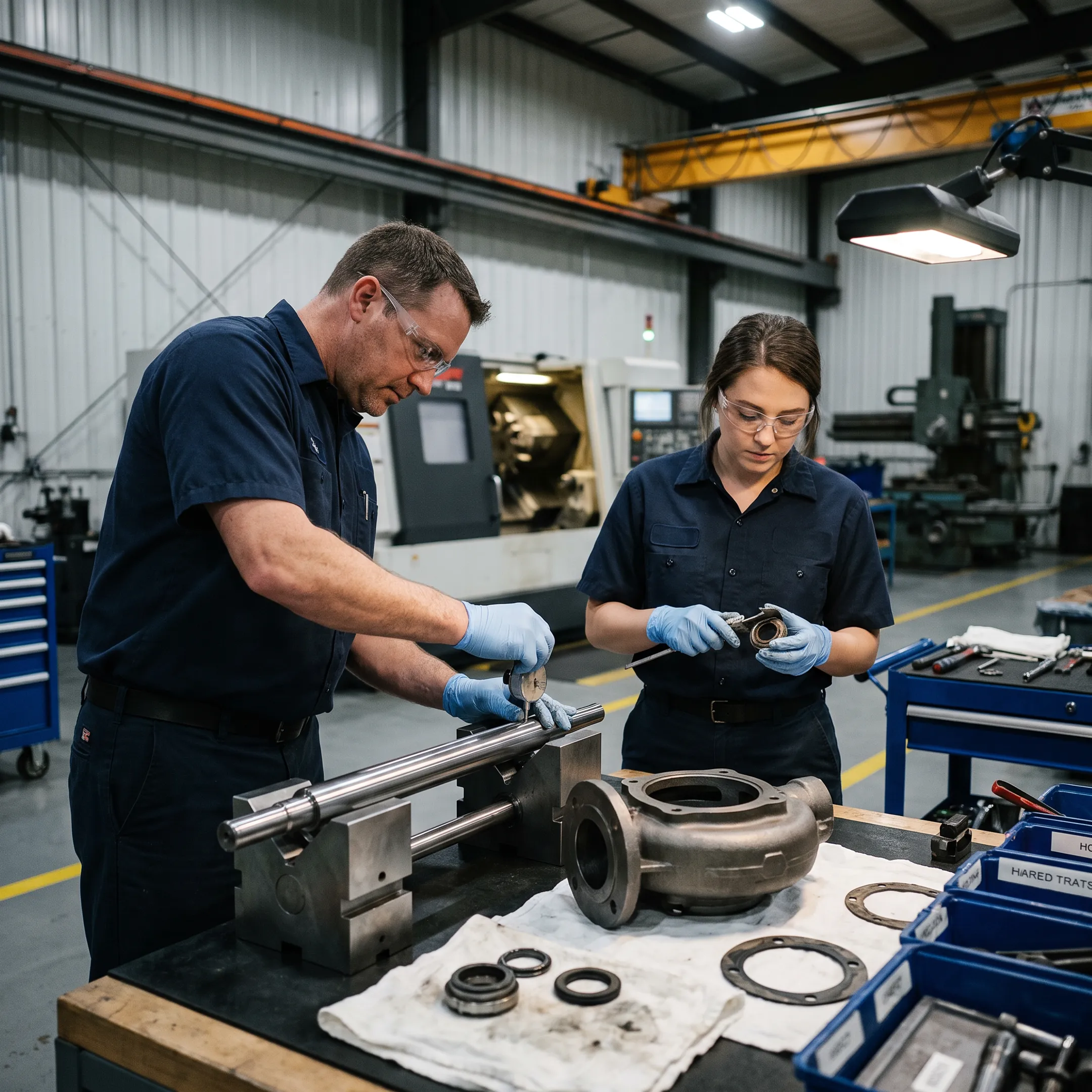 Industrial pump components being restored by technicians