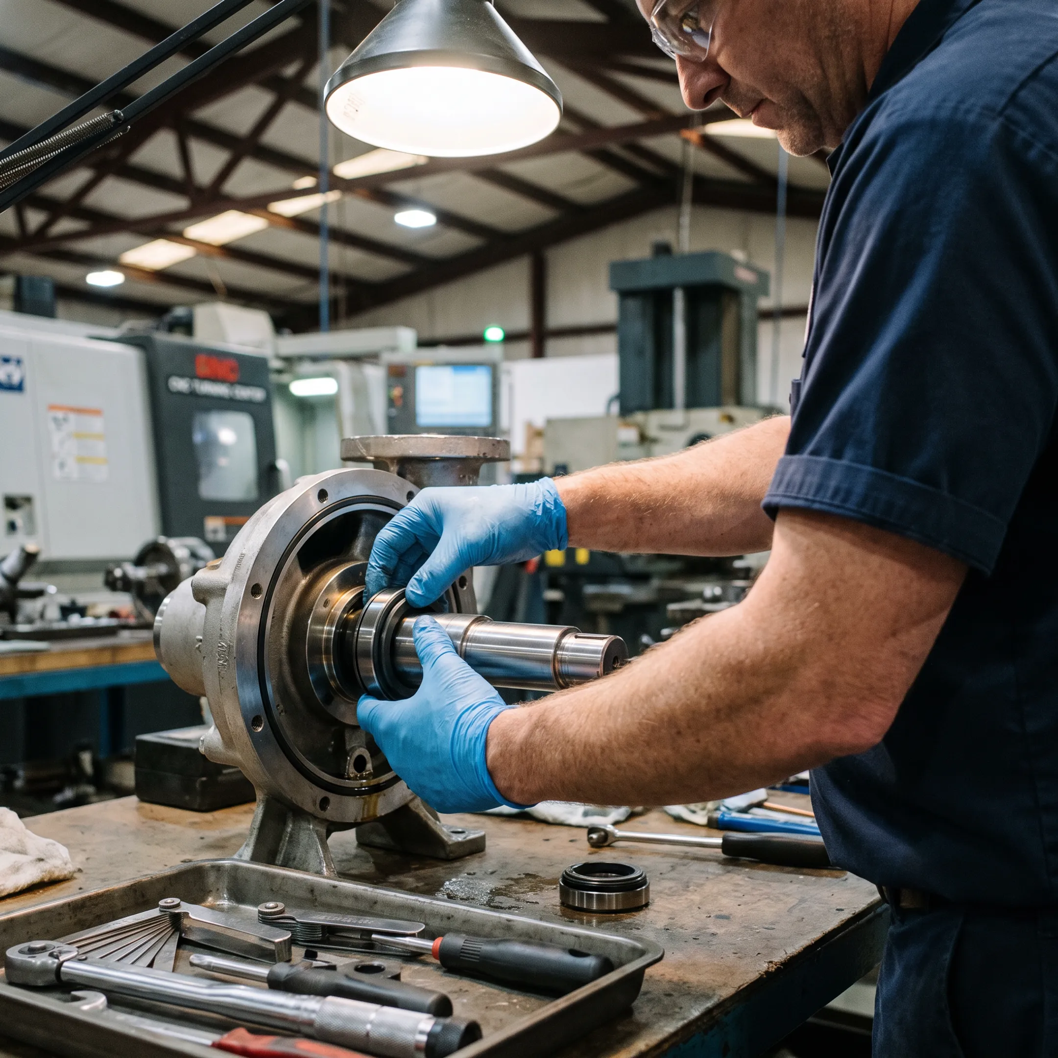 Industrial pump mechanical seal service in progress
