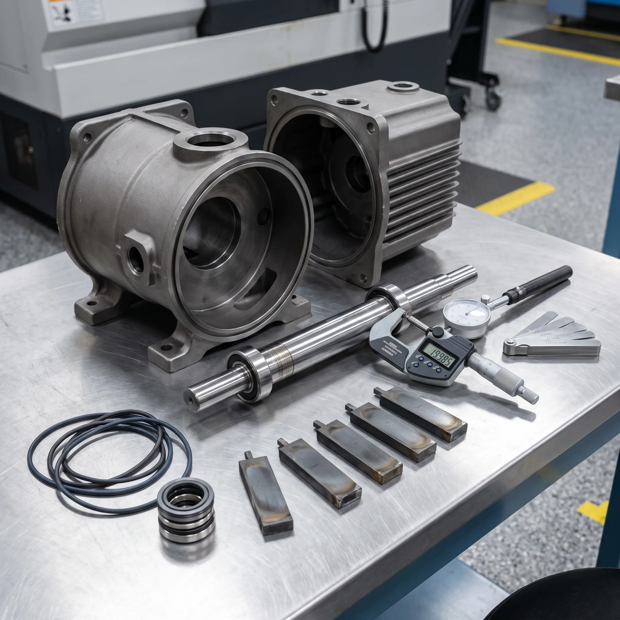 Disassembled rotary vane vacuum pump components prepared for repair