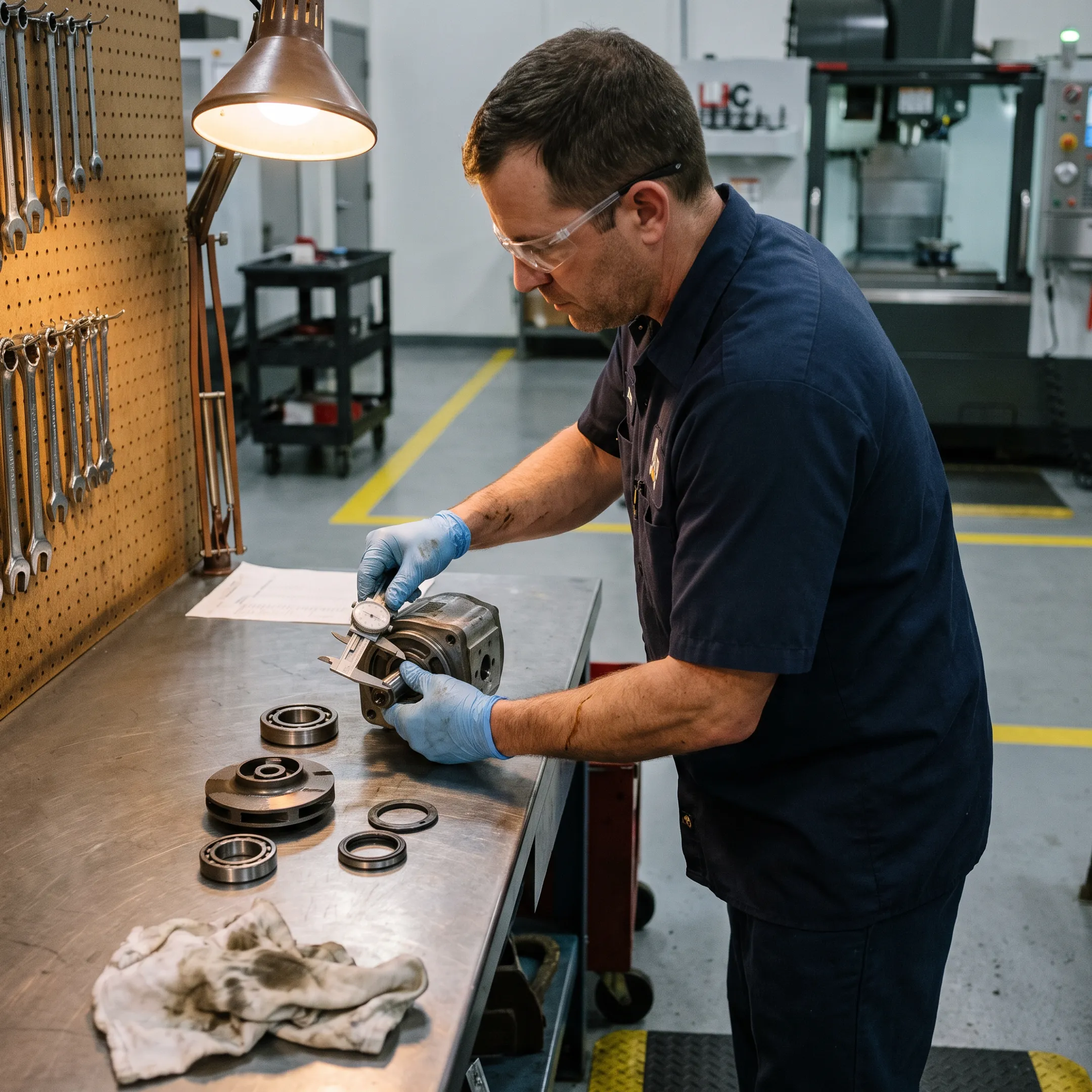 Hydraulic pump components being repaired