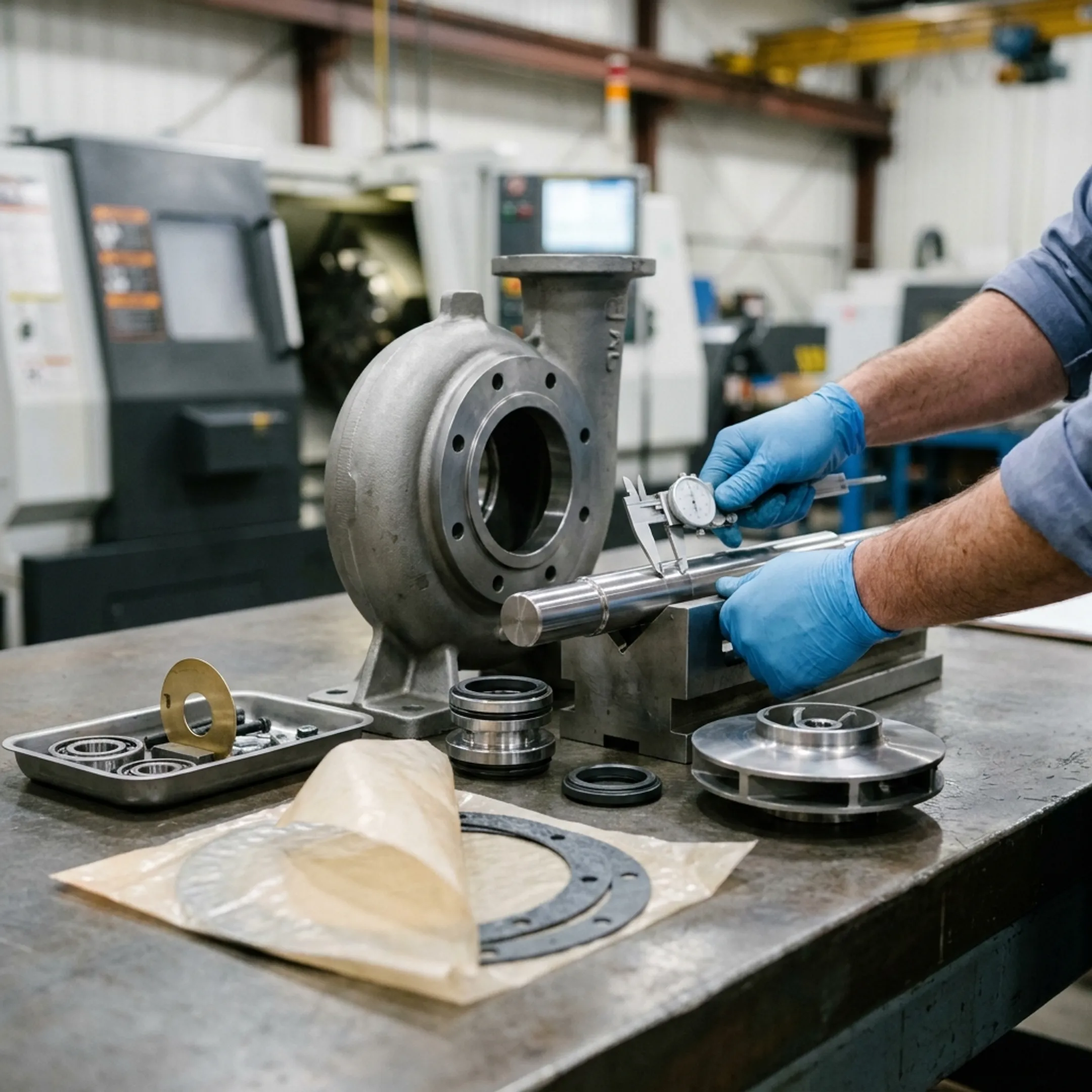 Industrial pump components prepared for repair