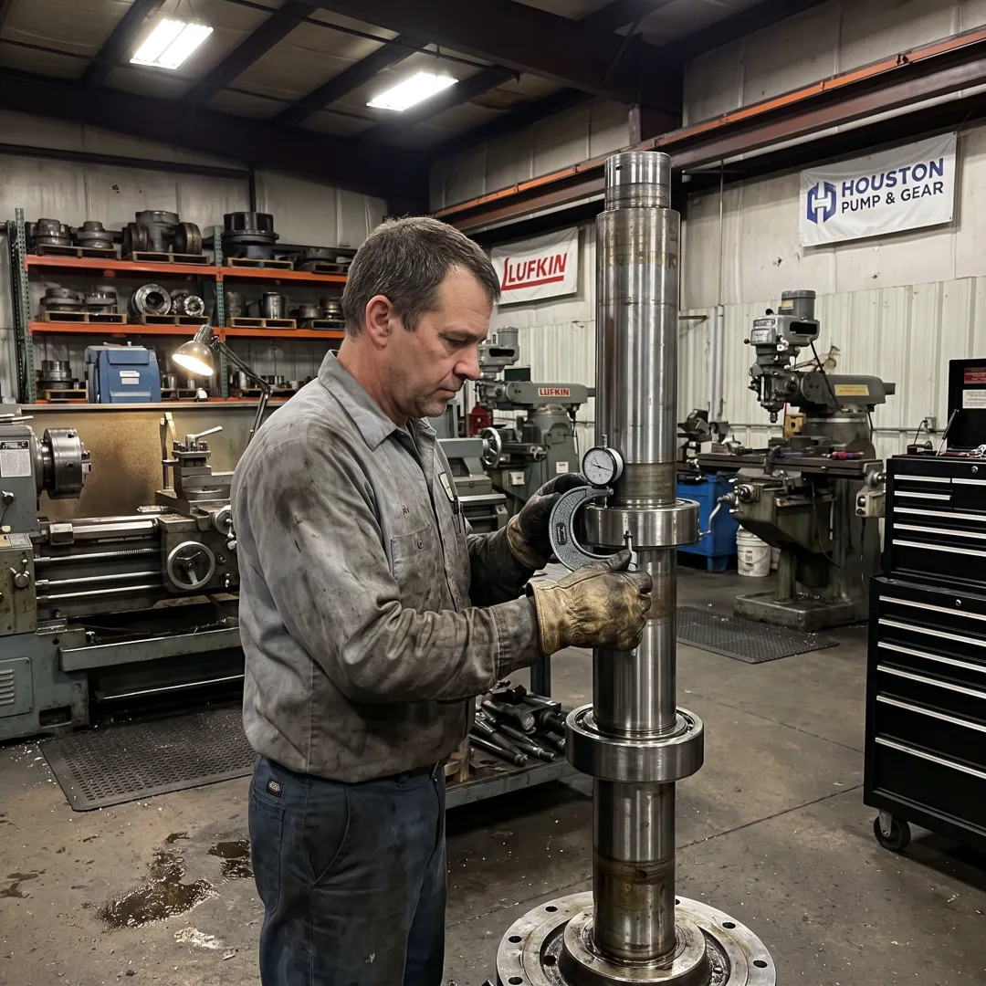 Vertical turbine pump components being repaired