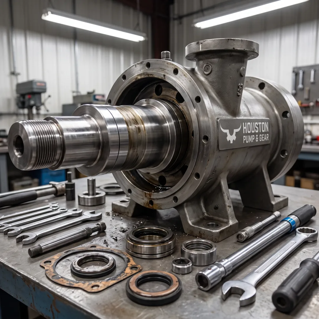 Industrial pump being serviced in a repair shop