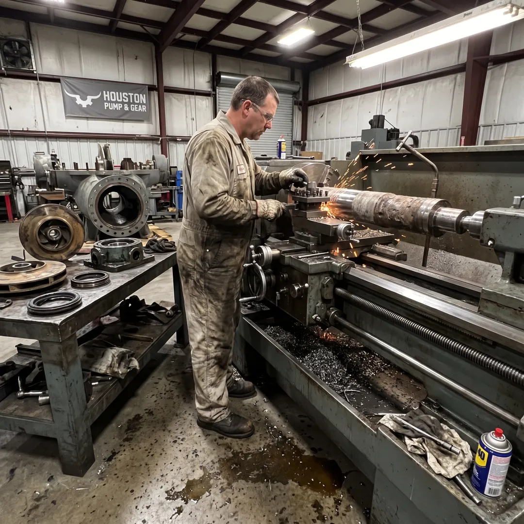 Machinist restoring a slurry pump shaft