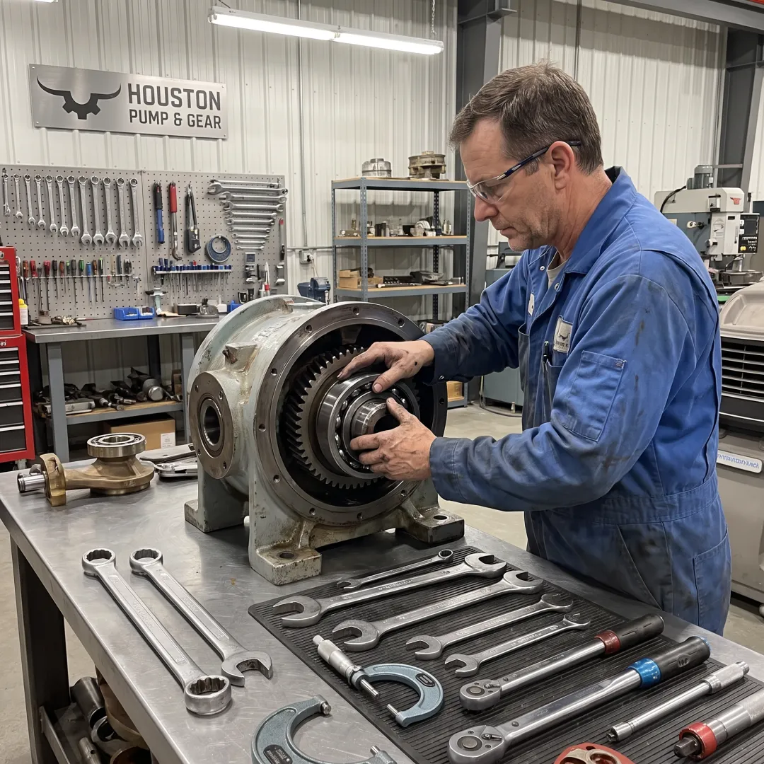 Industrial gearbox being rebuilt by a technician