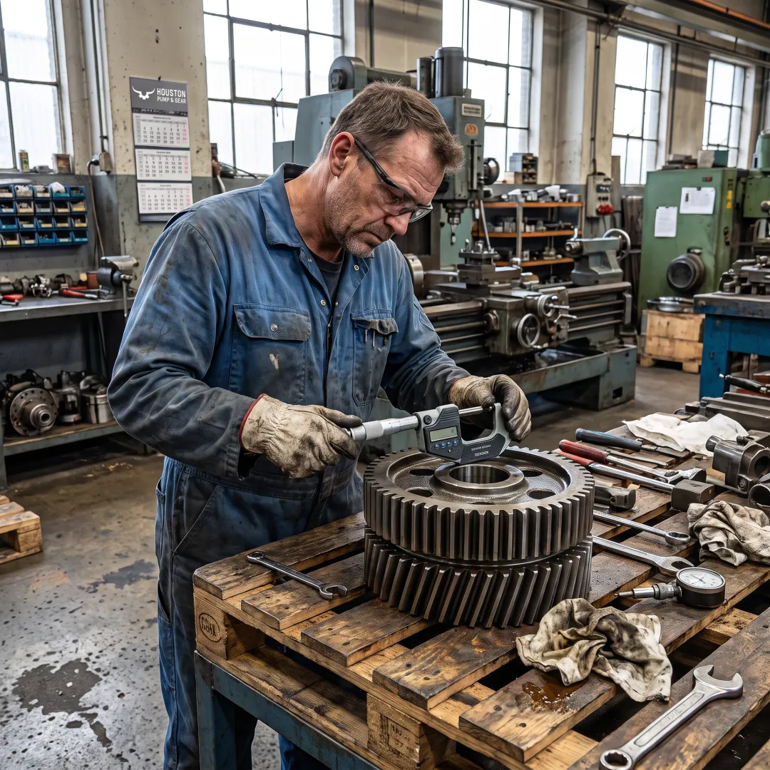 Technician measuring an industrial gearbox gear