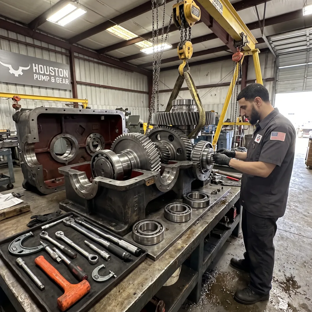 Industrial gearbox being reassembled by a repair technician