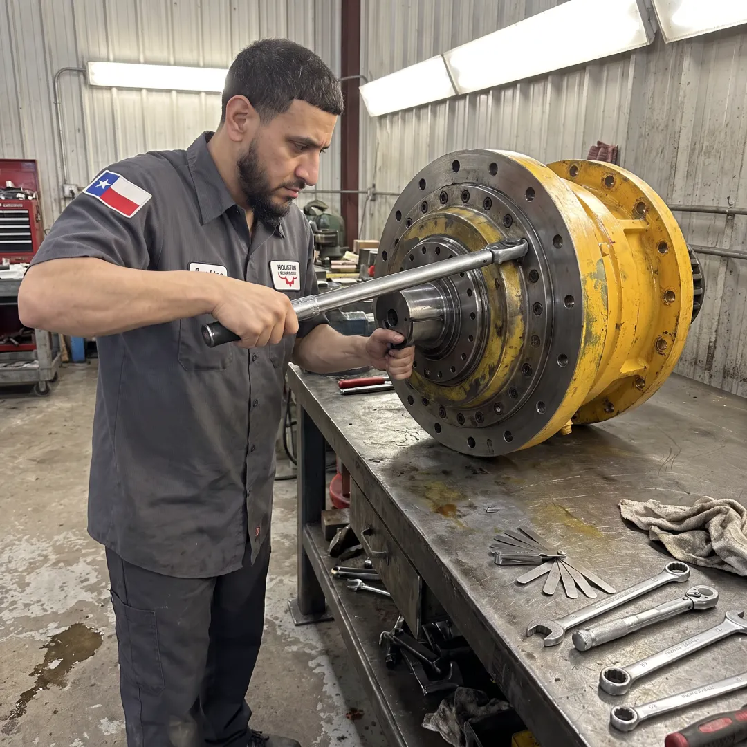 Rebuilt planetary gearbox in an industrial repair shop