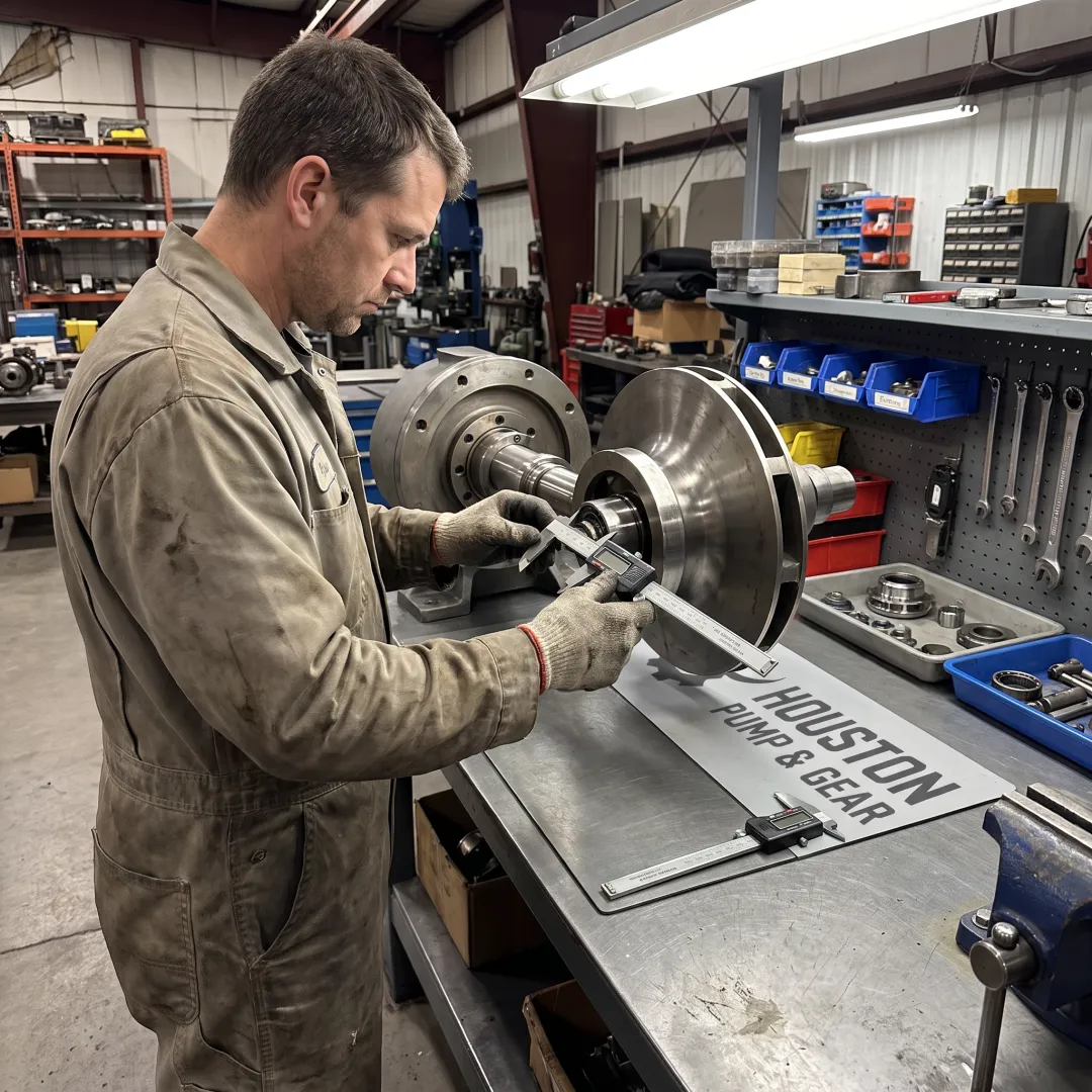 Industrial pump being rebuilt by a technician