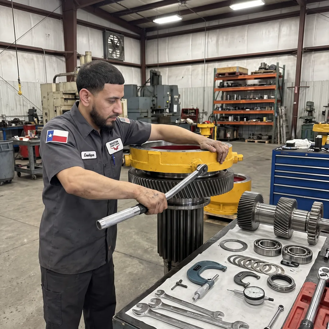 Industrial gearbox being reassembled by a technician