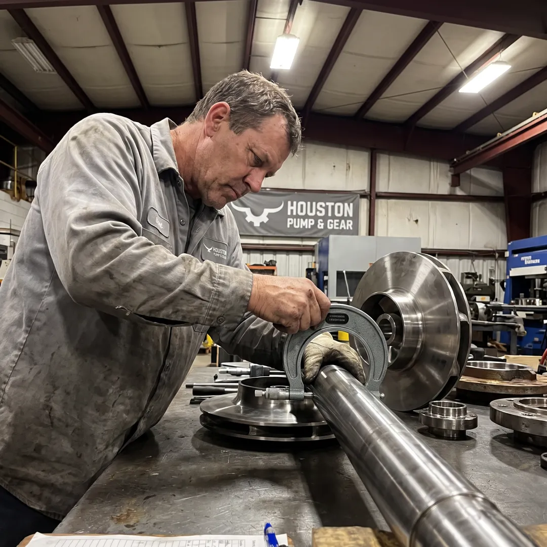 Industrial pump components being measured during repair