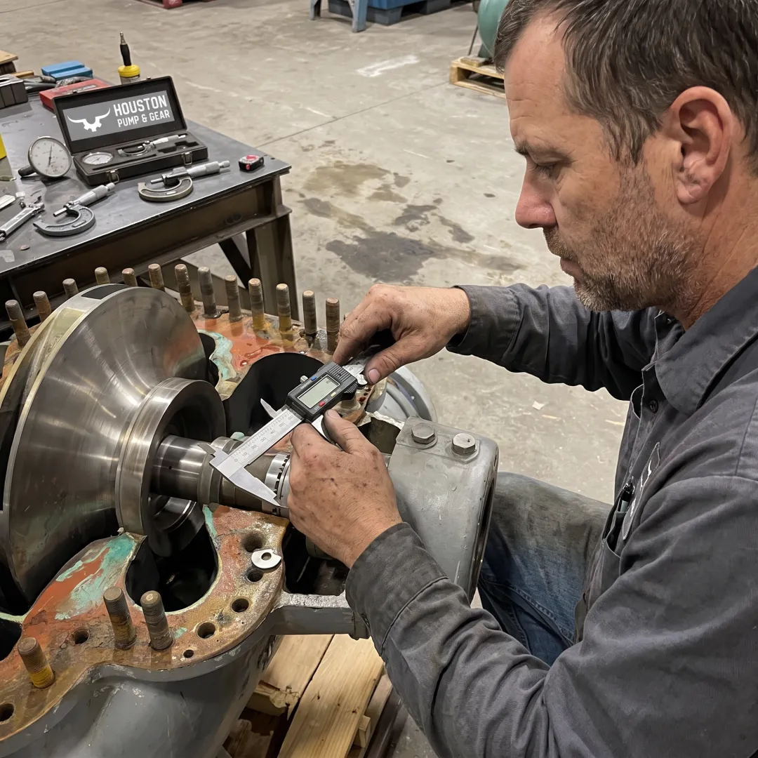 Machinist measuring a gearbox shaft during reverse engineering