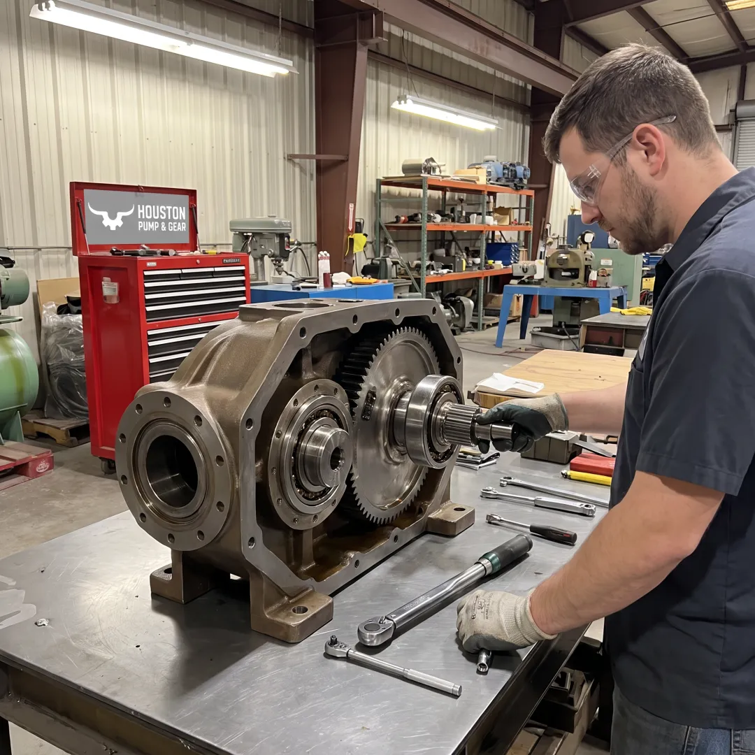 Repaired industrial gearbox being assembled