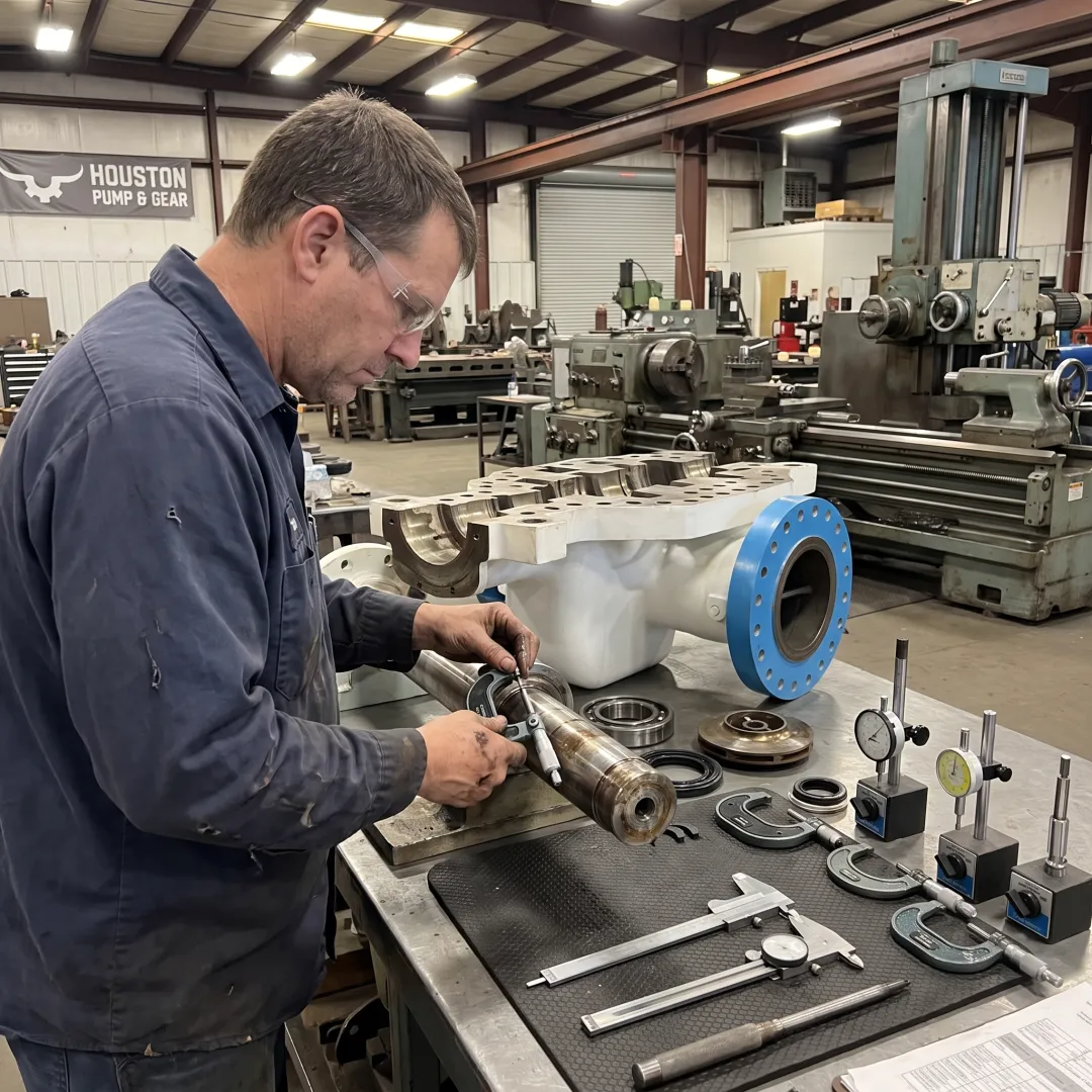 Industrial pump components being repaired in a machine shop