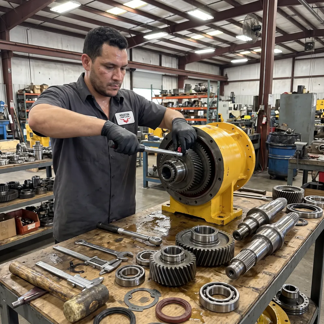 Technician reassembling an industrial gearbox