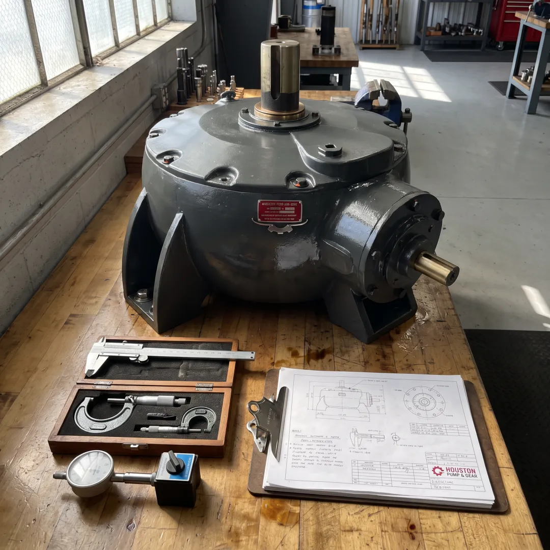 Rebuilt industrial gearbox on a workbench