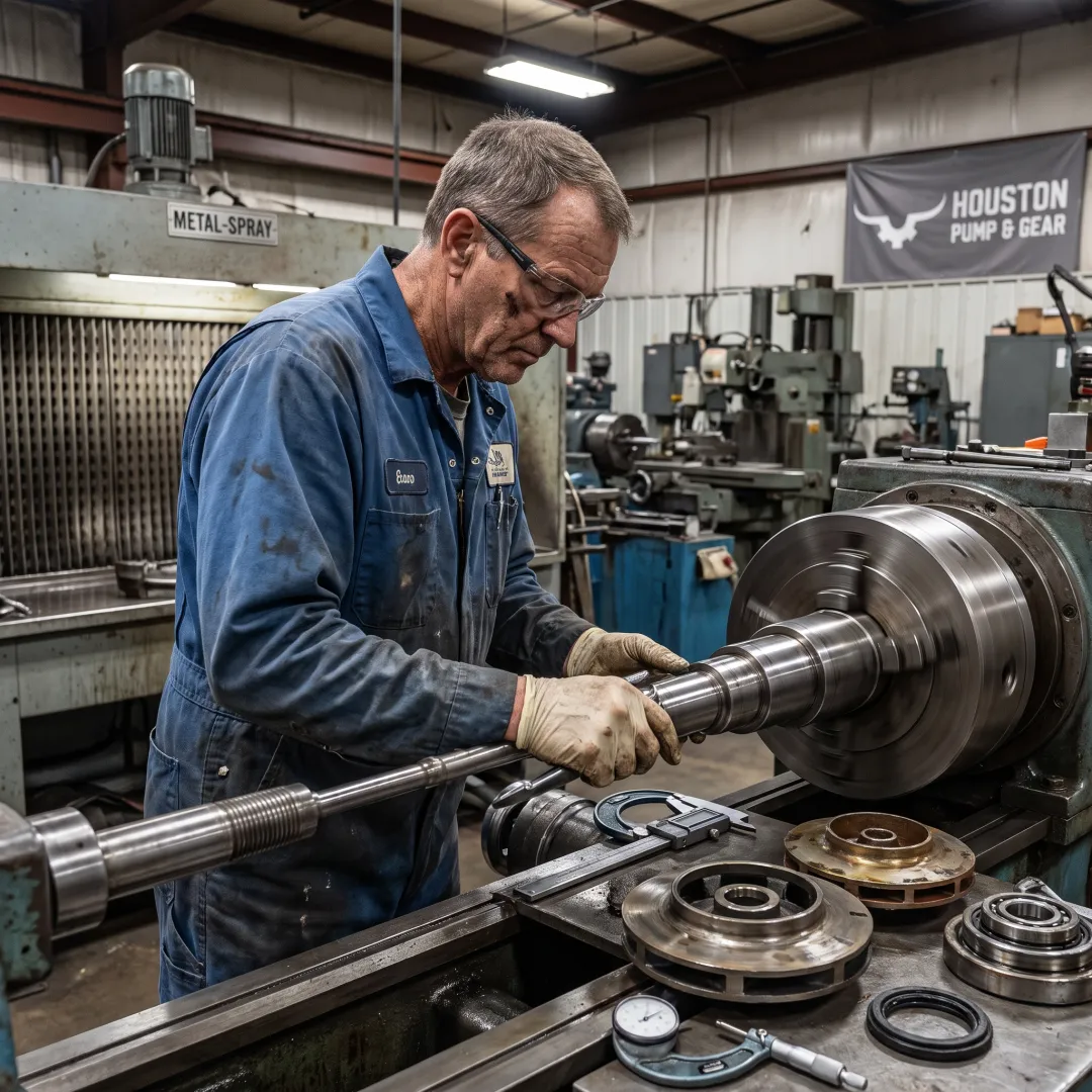 Industrial pump components being restored in a machine shop