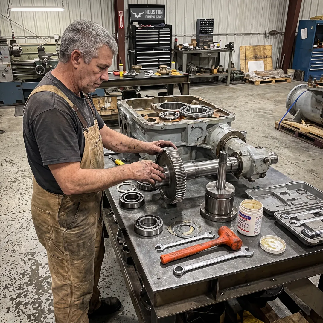 Rebuilt industrial gearbox being assembled