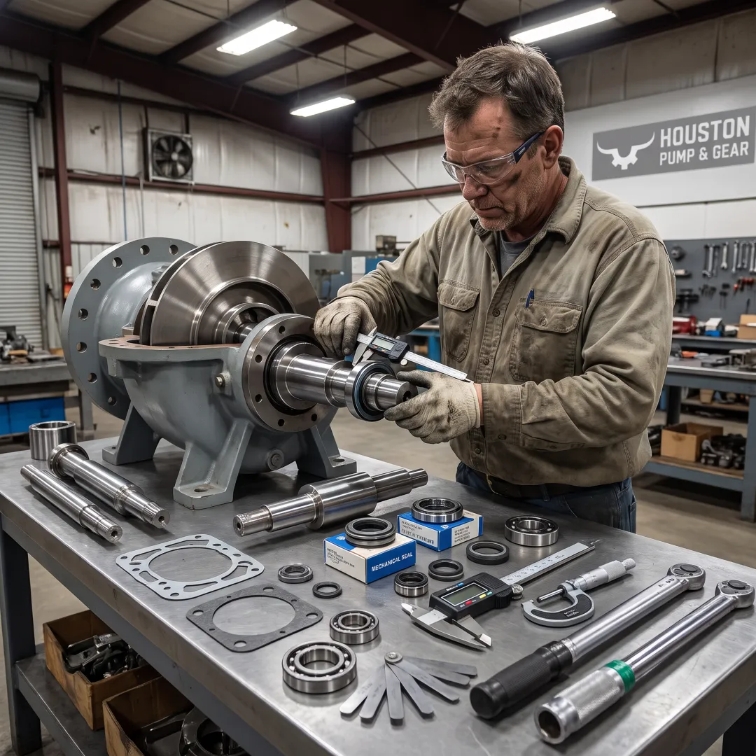 Industrial pump being rebuilt by a technician