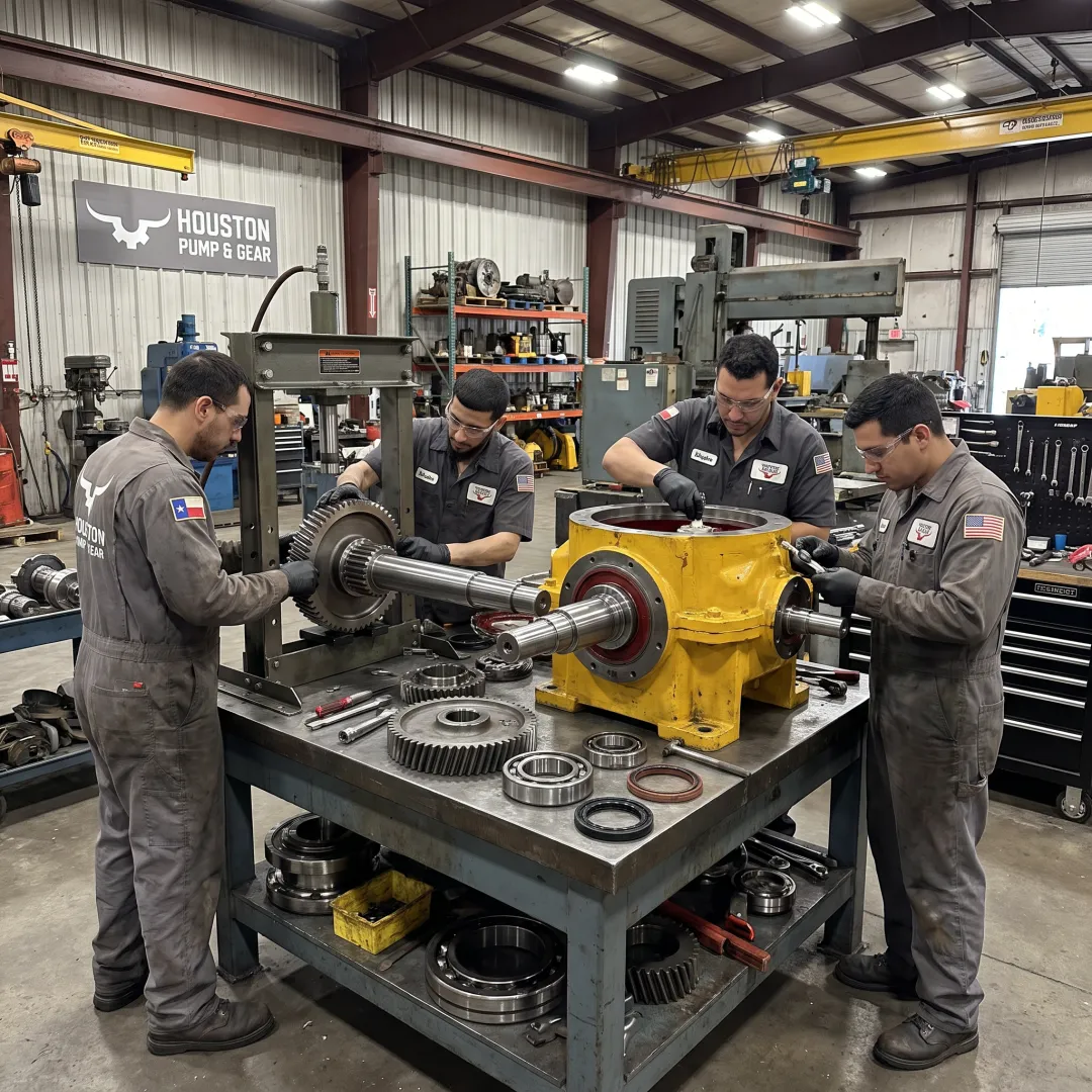 Industrial gearbox being rebuilt by technicians