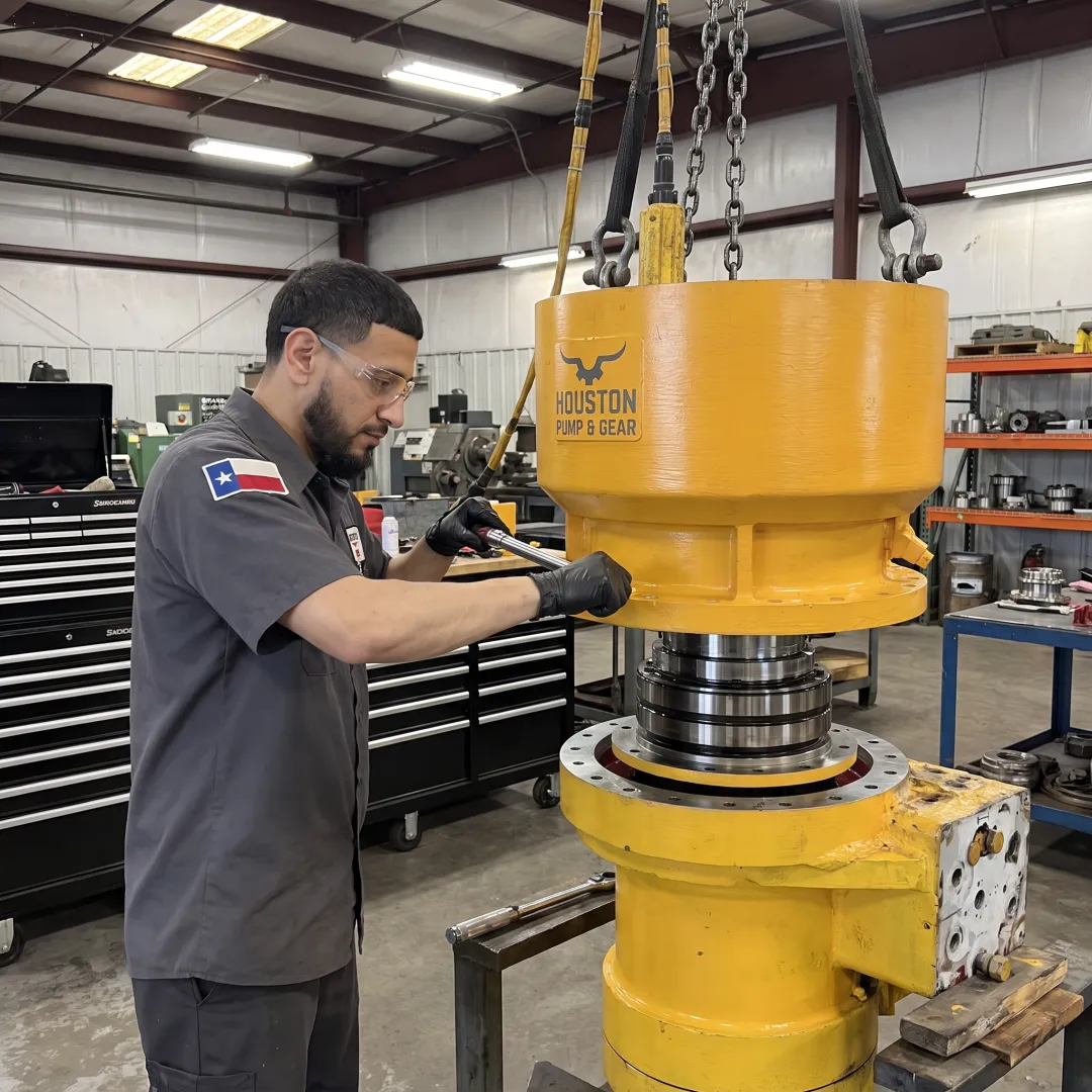 Technician reassembling an industrial gearbox