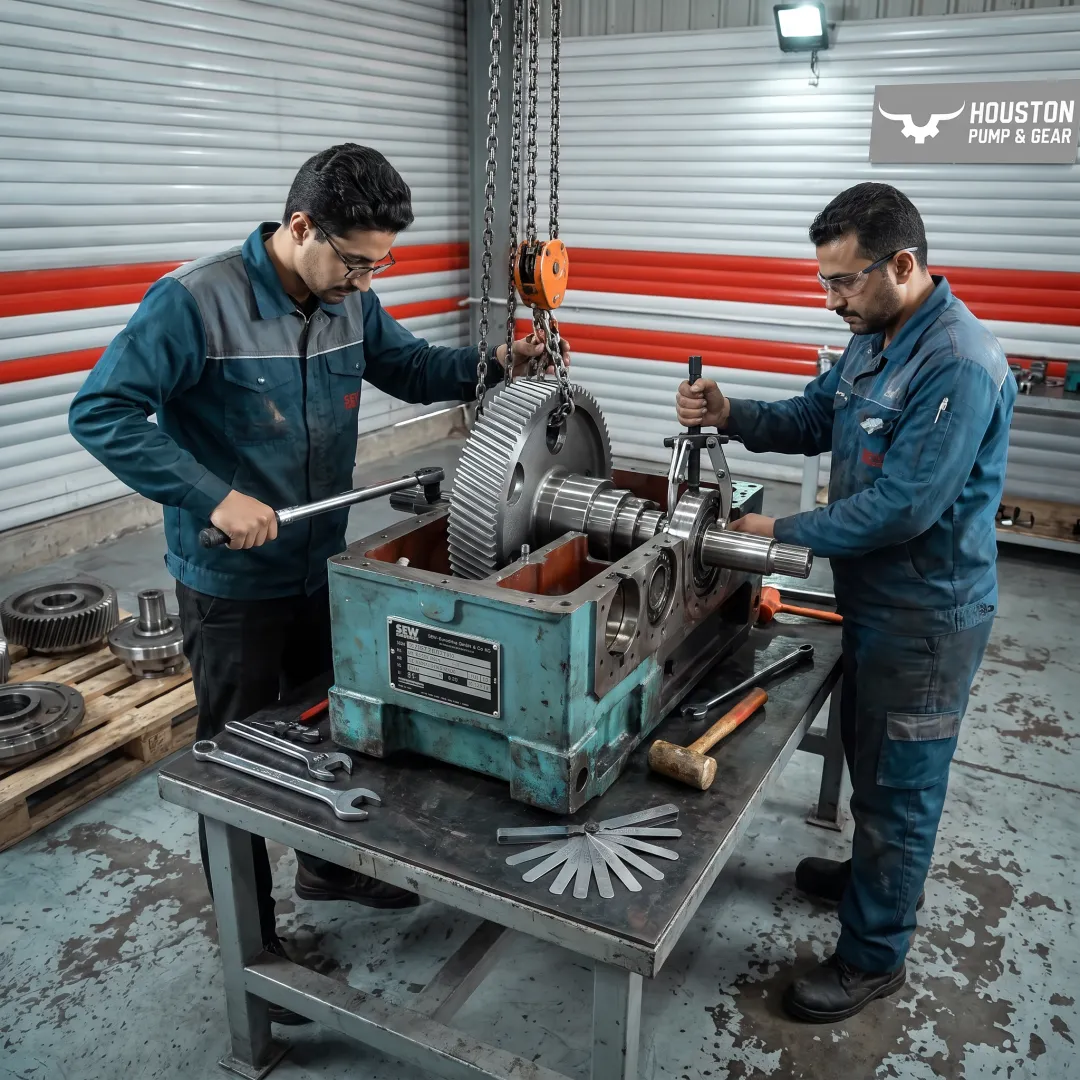 Industrial gearbox being rebuilt by technicians