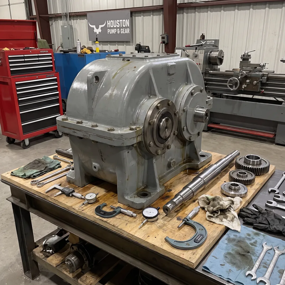 Rebuilt industrial gearbox in machine shop