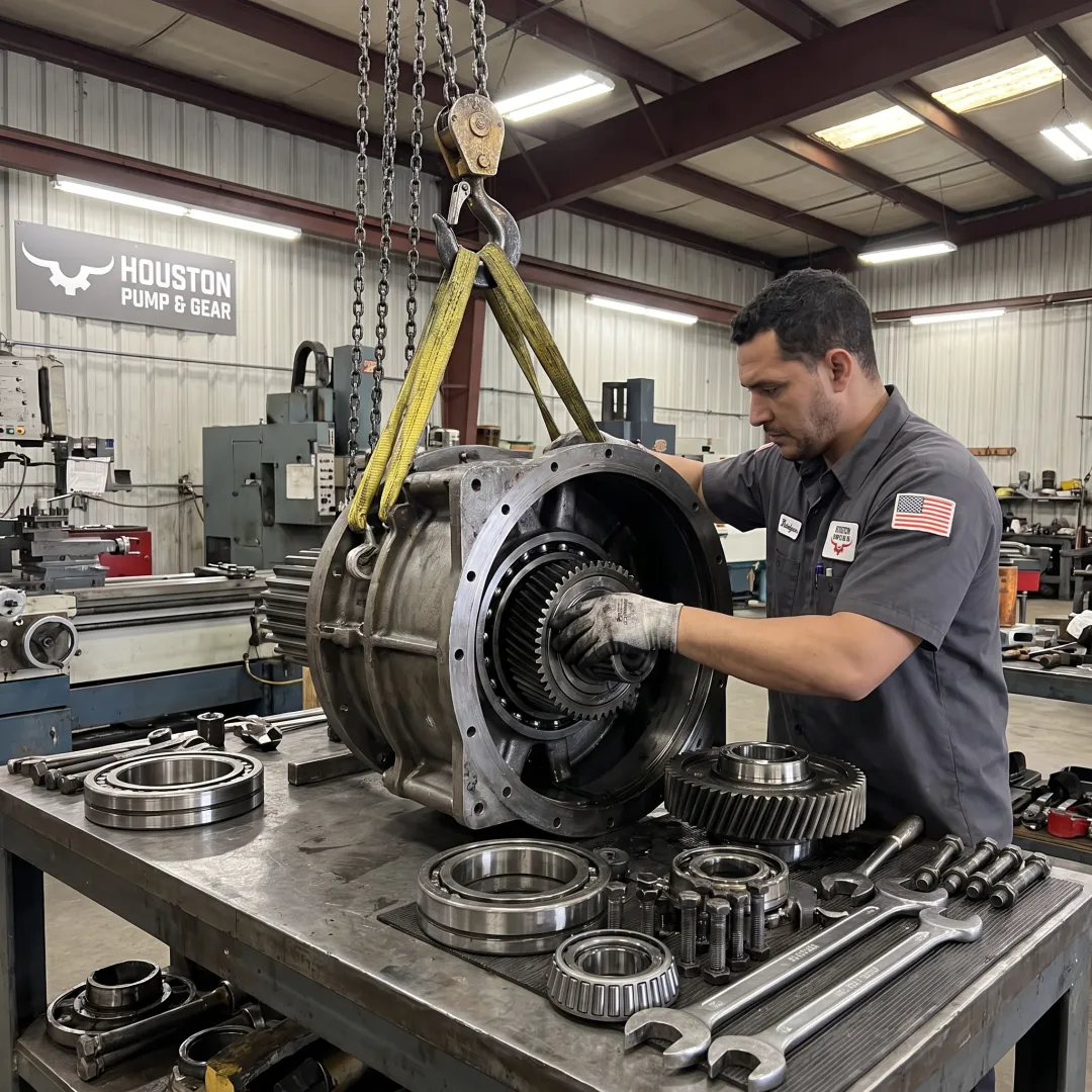 Technician rebuilding an industrial gearbox