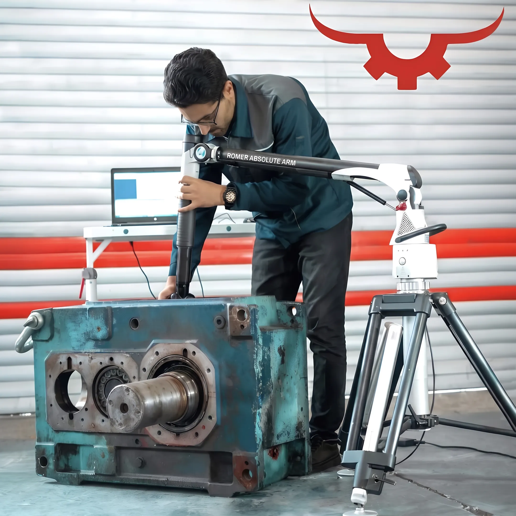 Industrial gearbox components being restored by a technician