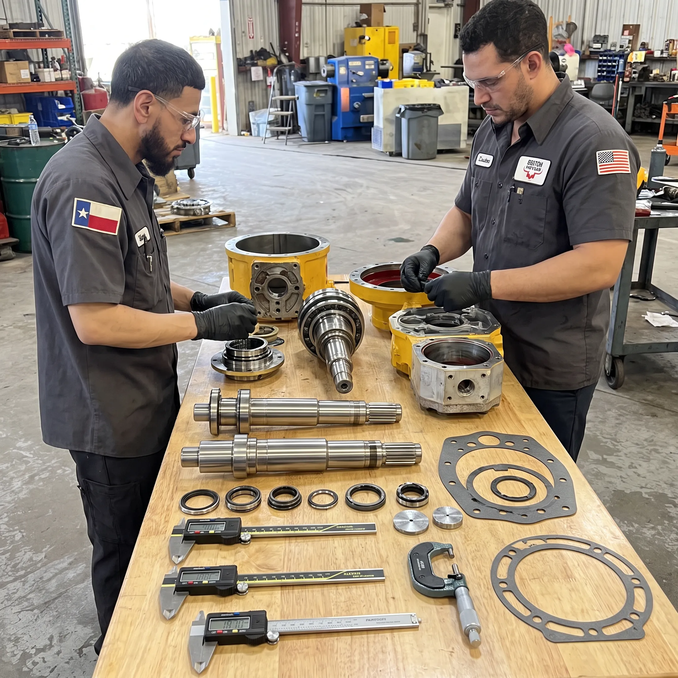 Eaton hydraulic pump components being repaired by an industrial technician